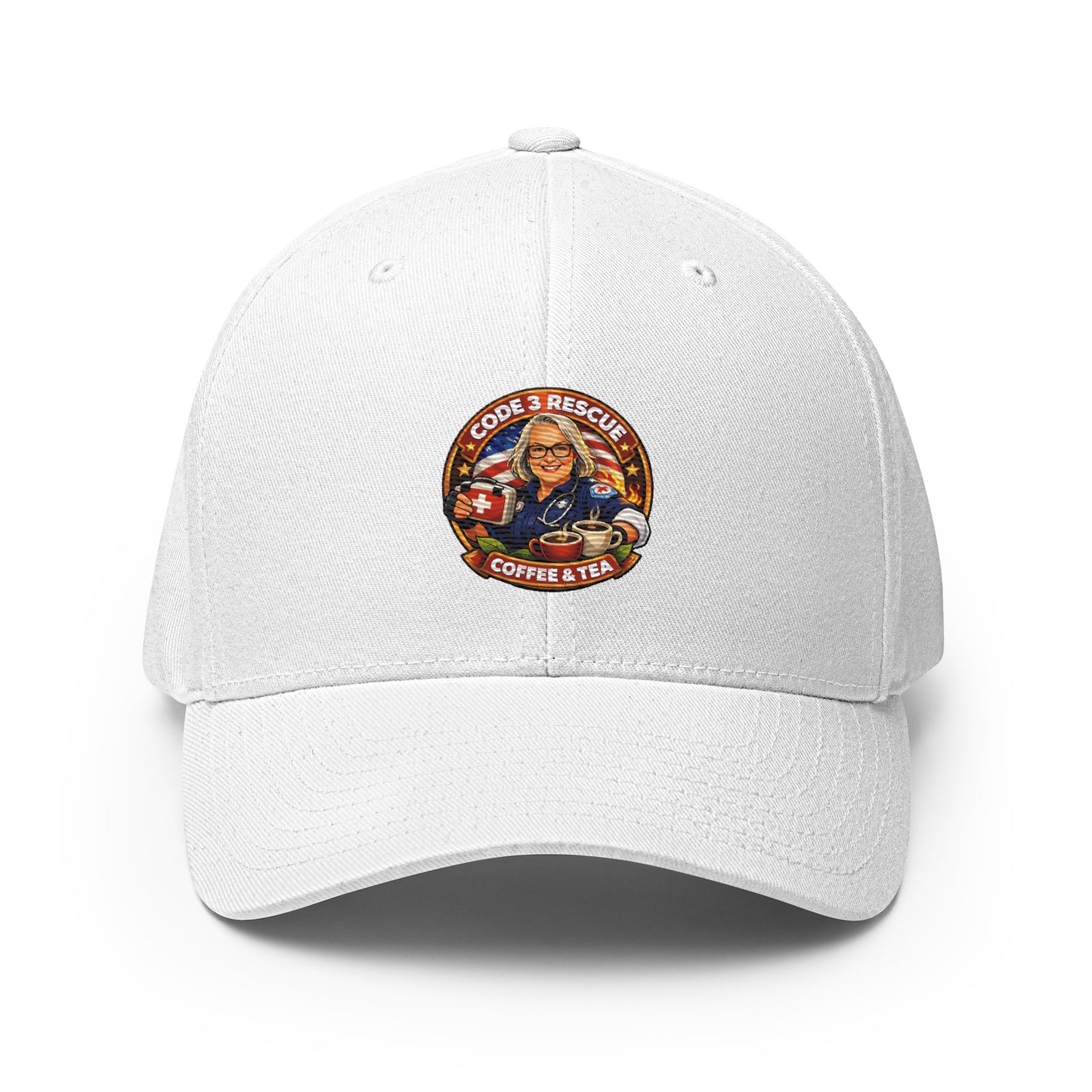 White structured twill cap with embroidered details, featuring a closed-back design from Code 3 Rescue Coffee and Tea.