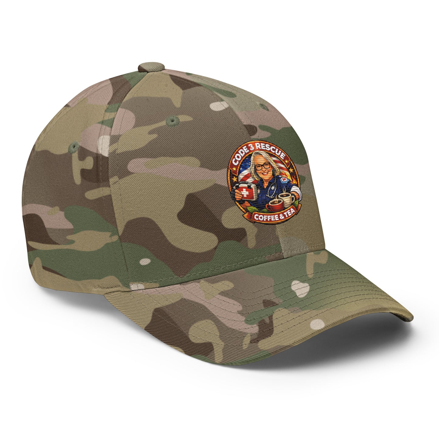 Green structured twill cap with embroidered design from Code 3 Rescue Coffee and Tea, shown from a right front angle.