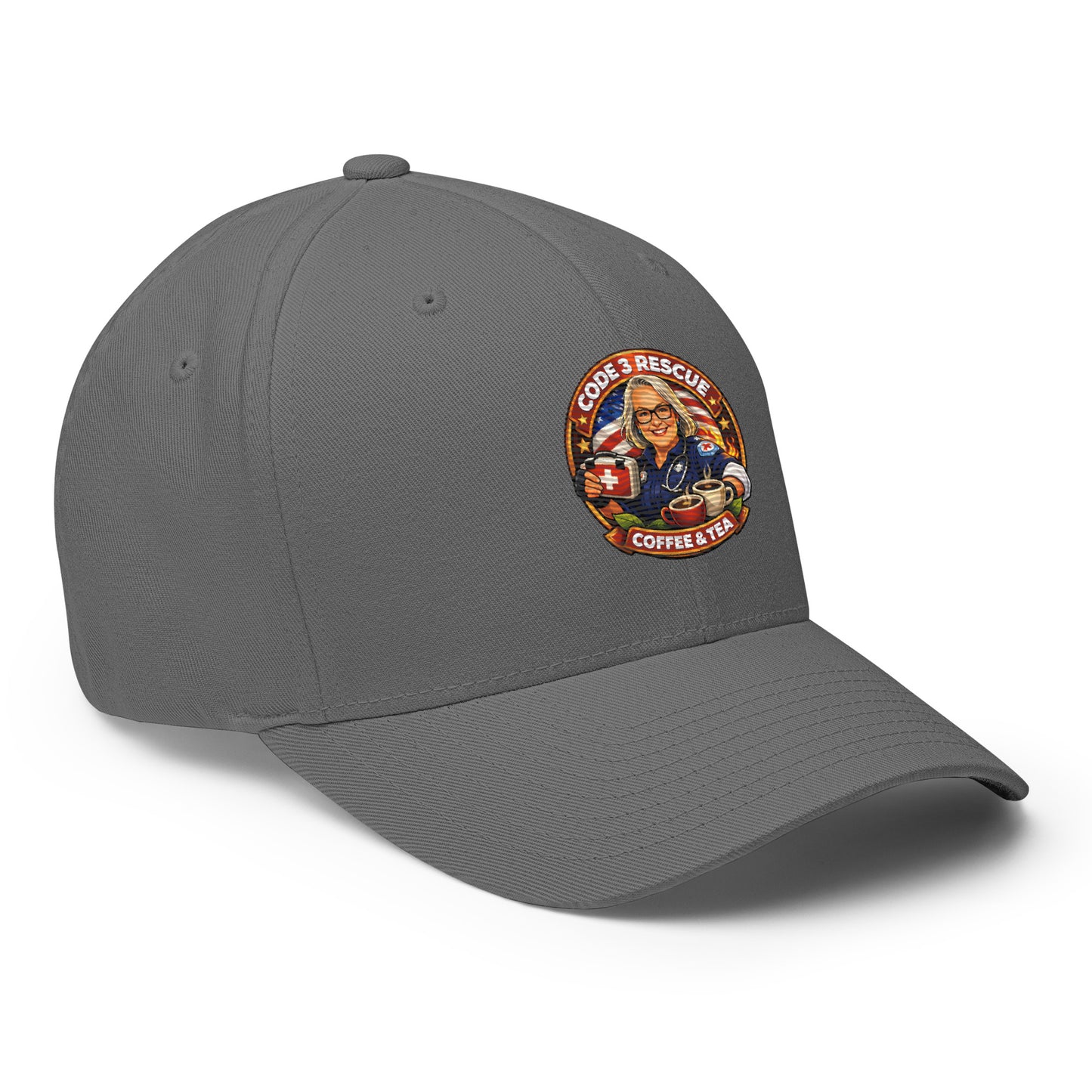 Structured twill cap featuring embroidered design by Code 3 Rescue Coffee and Tea, showing the front view with a closed-back style.