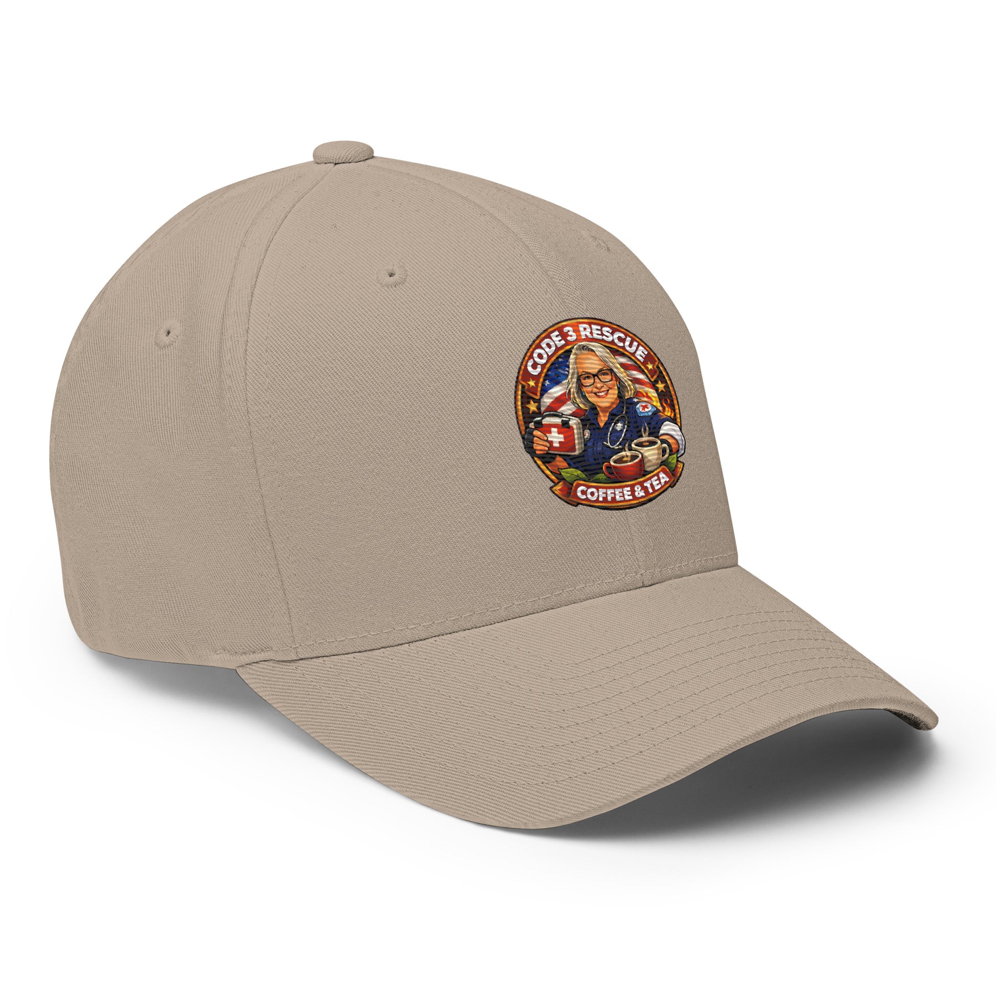 Structured twill cap with embroidered logo in Multicam Green by Code 3 Rescue Coffee and Tea, size small.