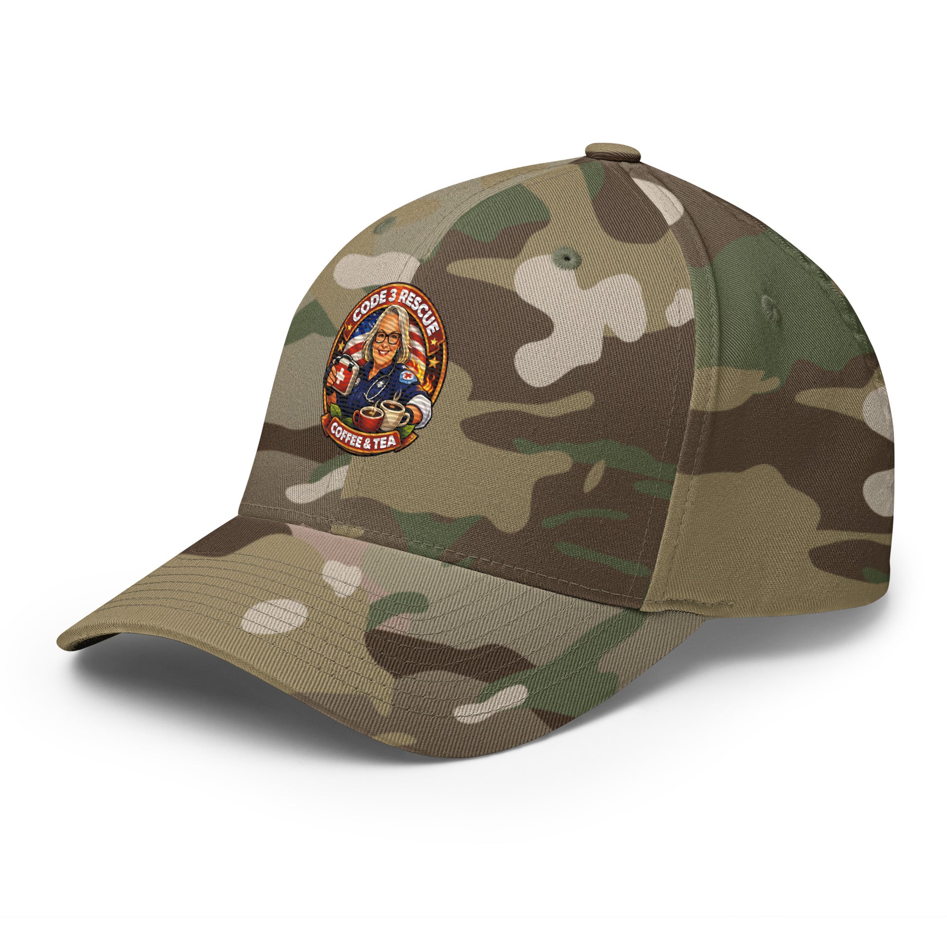 Structured twill cap with green multicam embroidery by Code 3 Rescue Coffee and Tea, featuring a curved brim and adjustable strap.