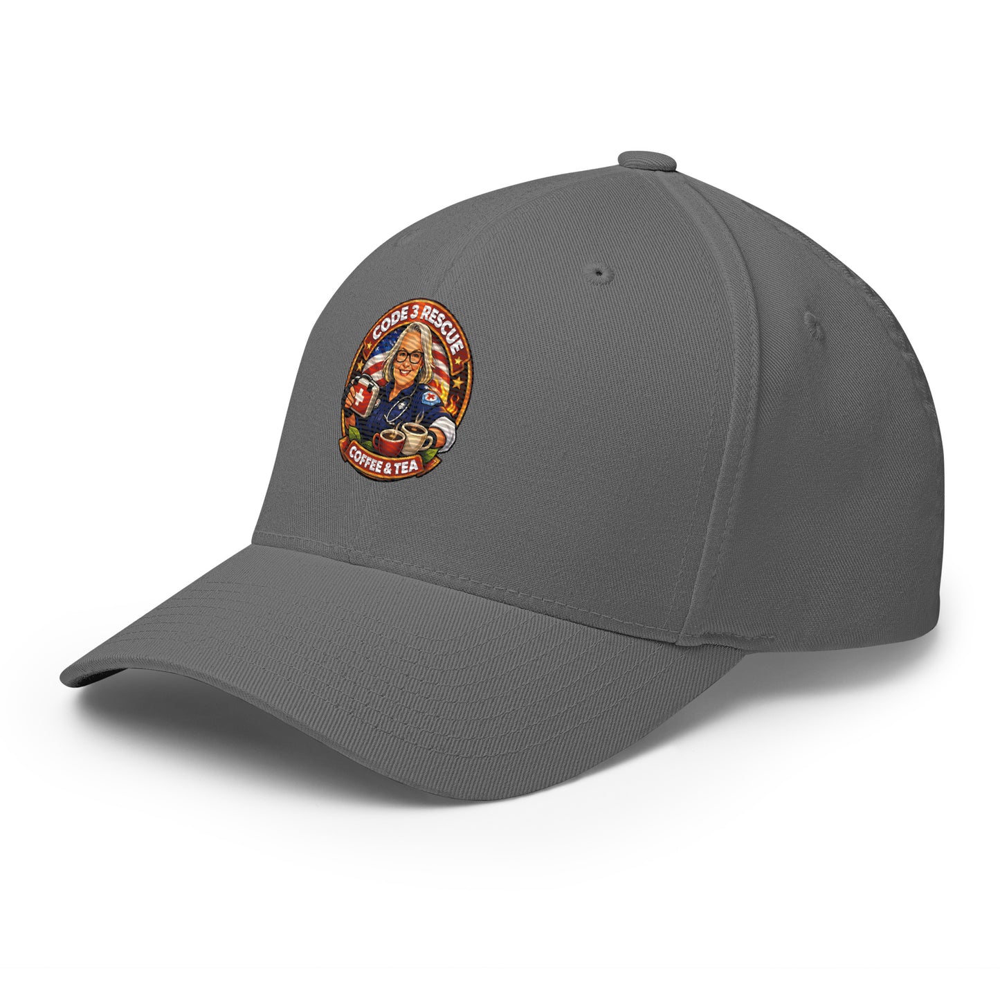 Embroidery logo on green Multicam Structured Twill Cap by Code 3 Rescue Coffee and Tea, lightweight and adjustable for a comfortable fit.