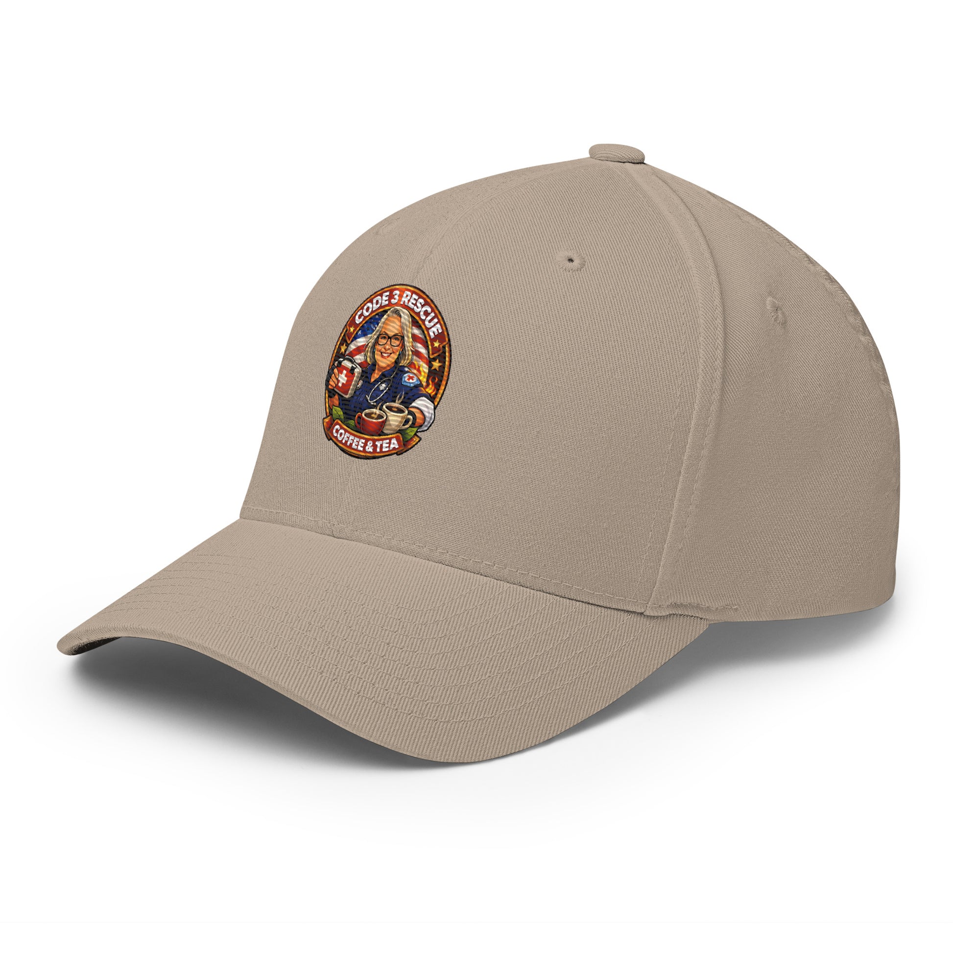 Structured twill cap with green camouflage design featuring embroidered logo by Code 3 Rescue Coffee and Tea.