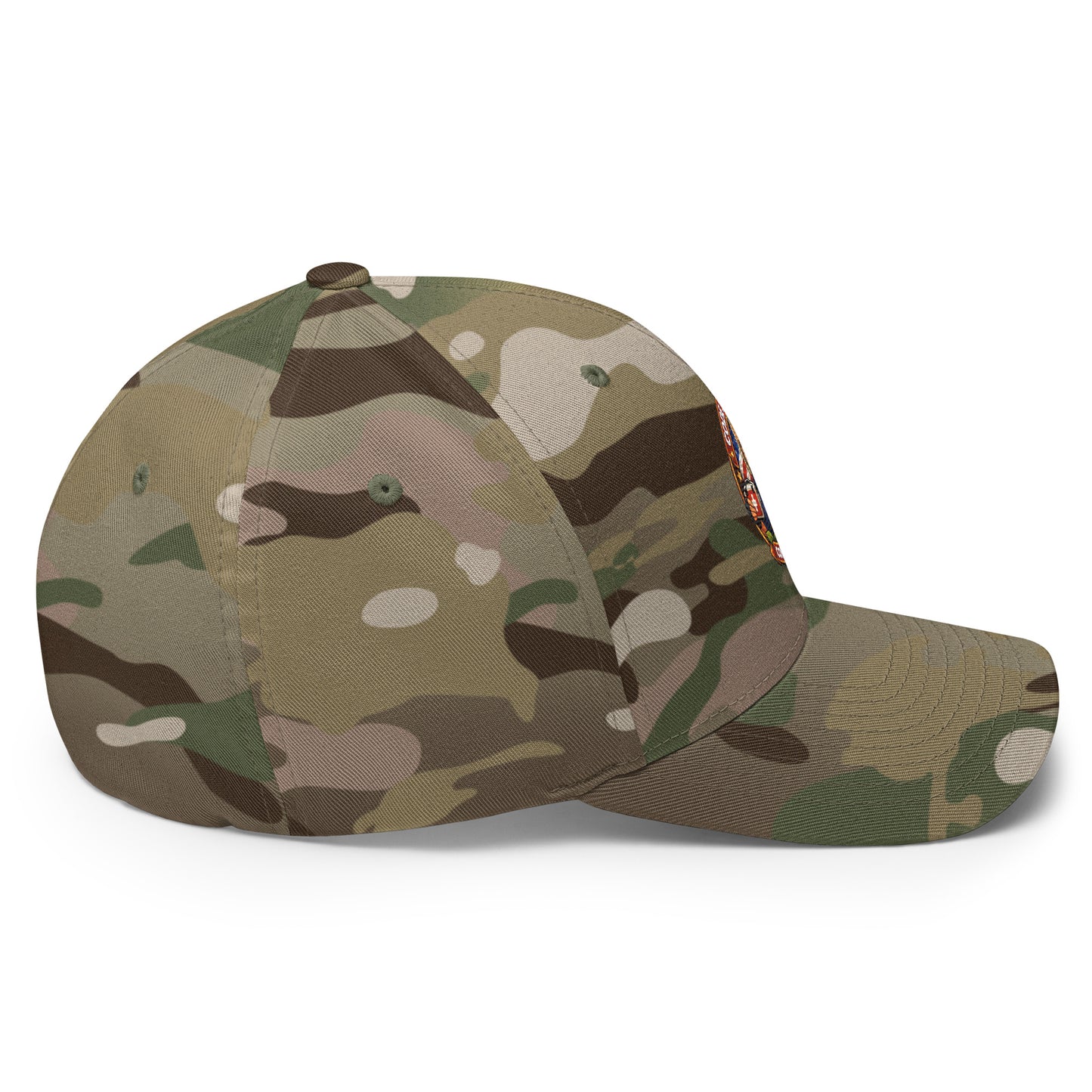 Structured twill cap with green camouflage pattern featuring embroidered logo from Code 3 Rescue Coffee and Tea.