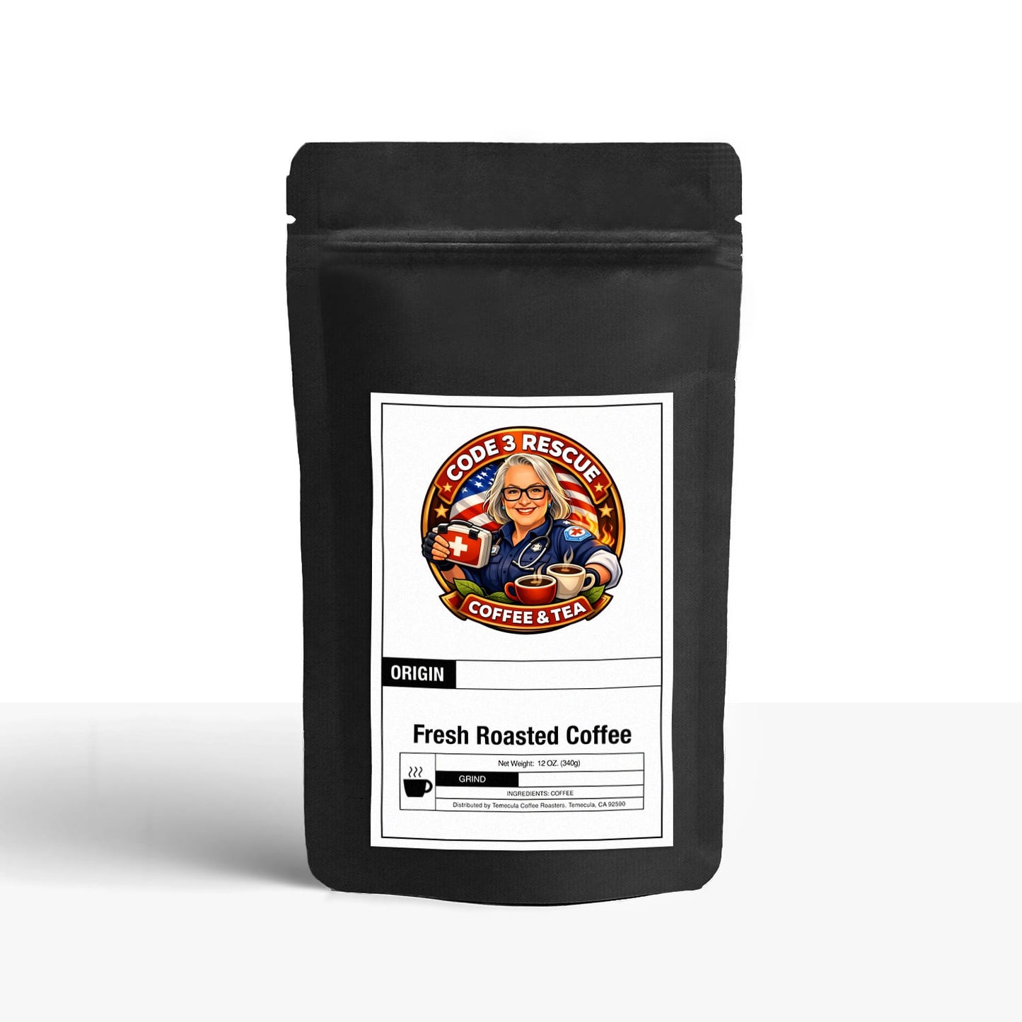 Code 3 Rescue Coffee Latin American Blend bag featuring vibrant packaging and colorful branding for a rich coffee experience.