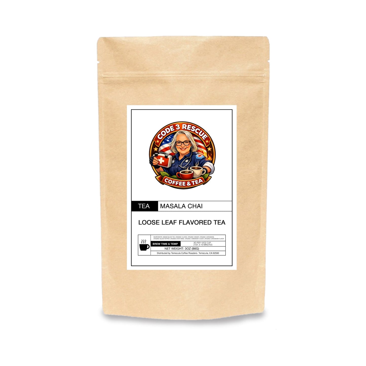 Code 3 Rescue Coffee and Tea Masala Chai in a rustic paper bag, showcasing its warm, spiced tea blend with aromatic herbs and spices.
