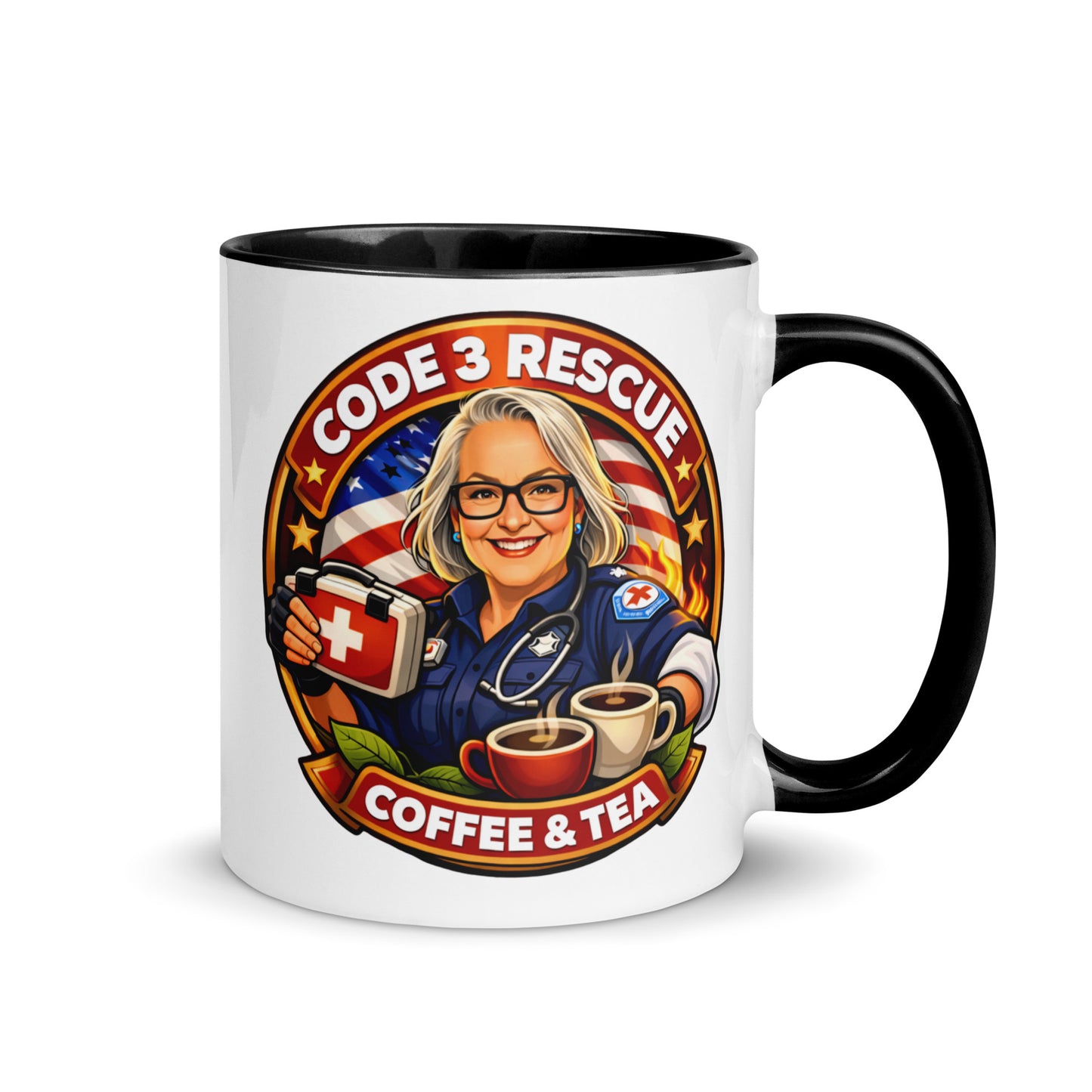 Code 3 Rescue Coffee and Tea mug with a white exterior and vibrant, colorful interior, 11 oz ceramic drinkware for hot beverages.