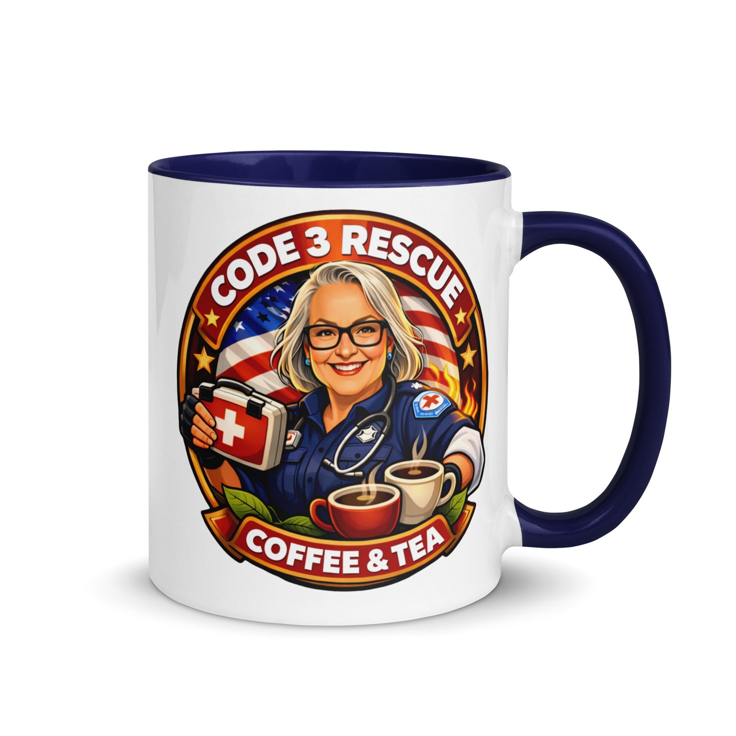 Code 3 Rescue Coffee and Tea mug featuring a white exterior and vibrant colored interior, shown from a front-facing angle.