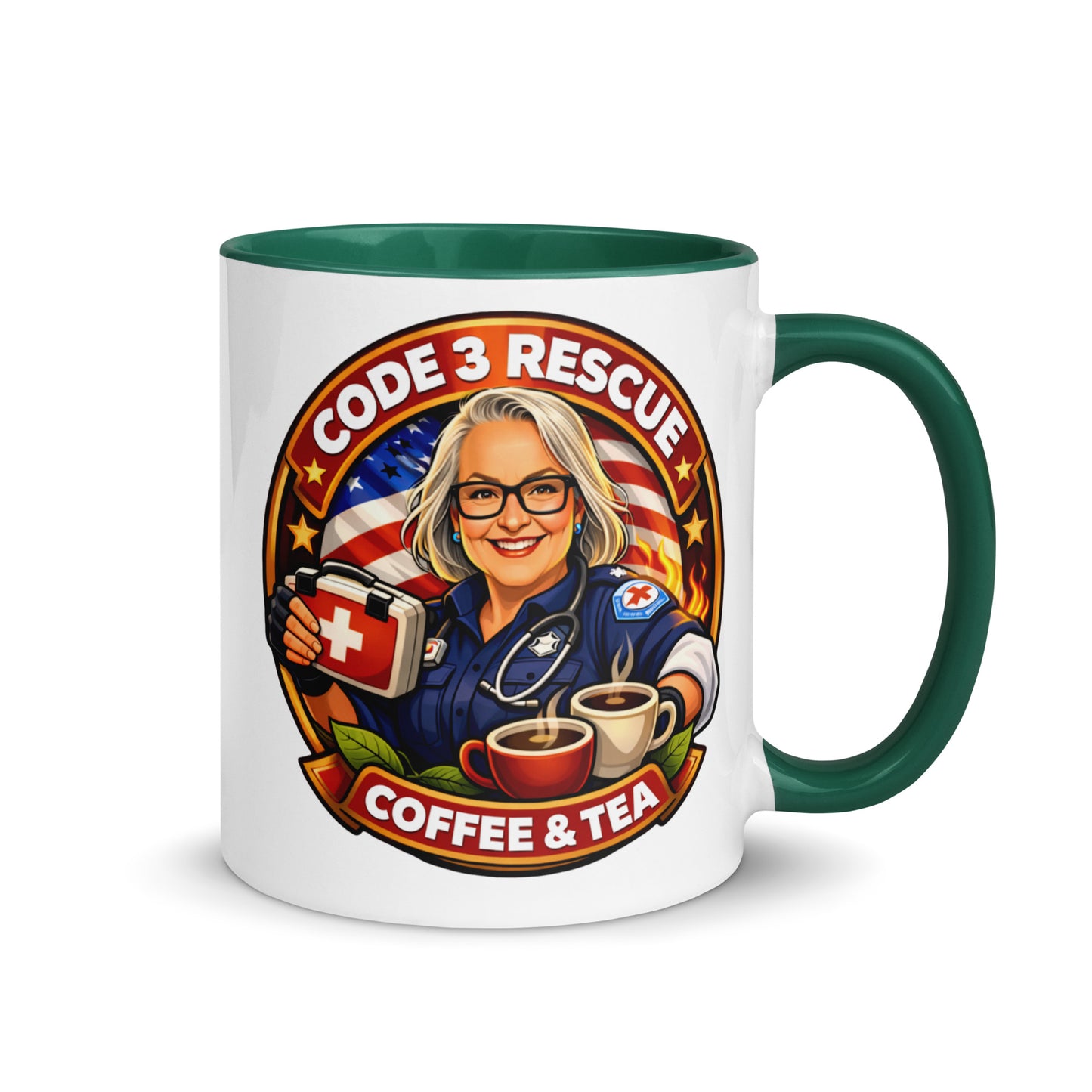 Code 3 Rescue Coffee and Tea mug with a white exterior and colorful green interior, 11 oz ceramic mug for hot beverages.