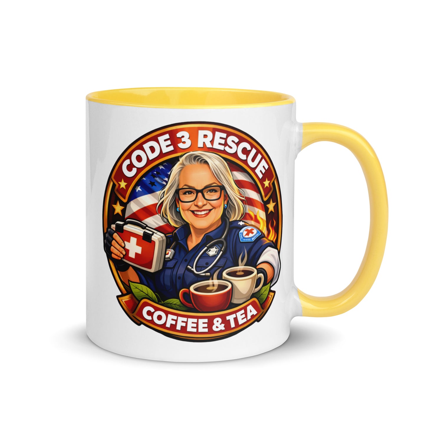 Code 3 Rescue Coffee and Tea mug with a white exterior and bright yellow interior, 11 oz ceramic coffee and tea cup.