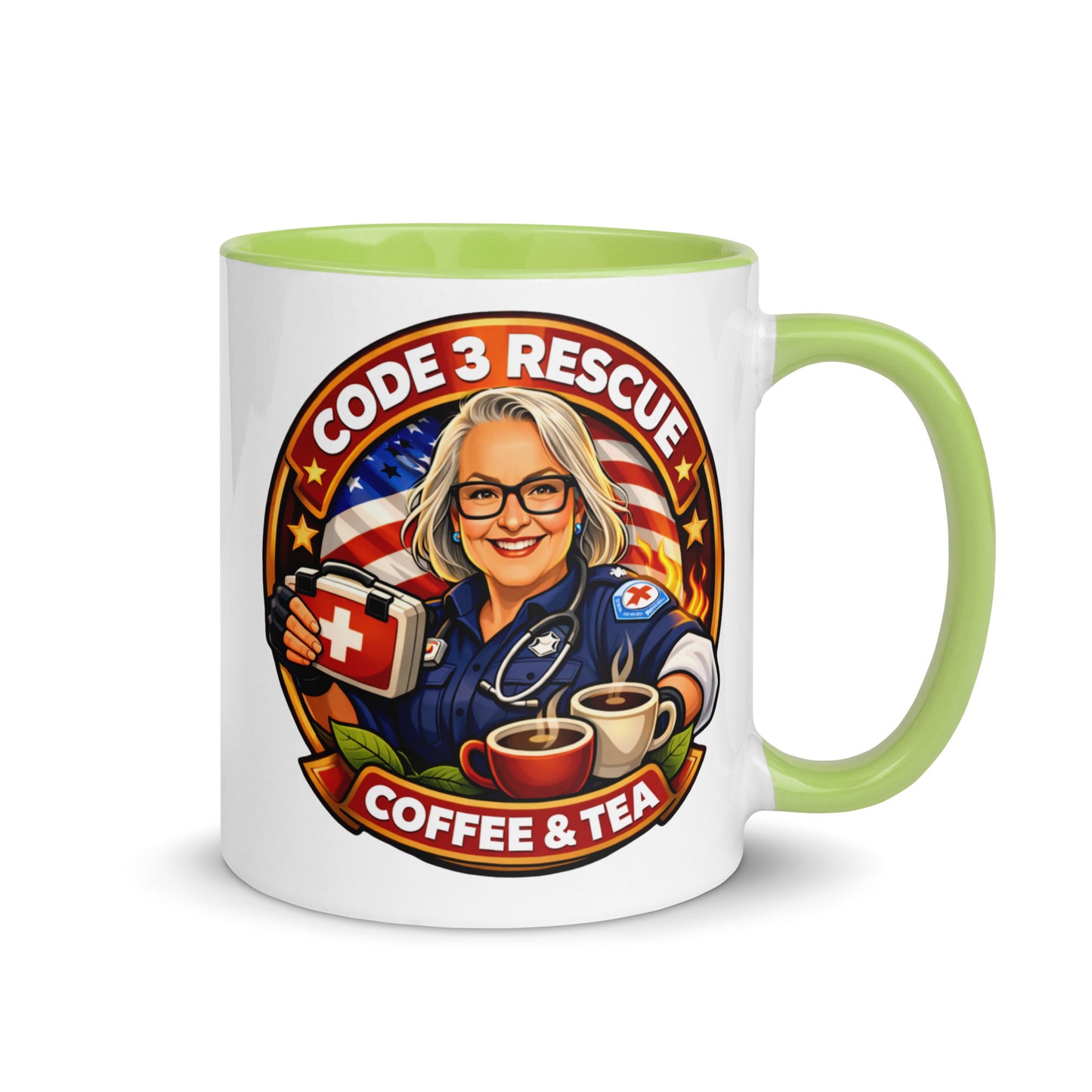 Code 3 Rescue Coffee and Tea mug featuring a white exterior and vibrant green interior, 11 oz ceramic drinkware for hot beverages.