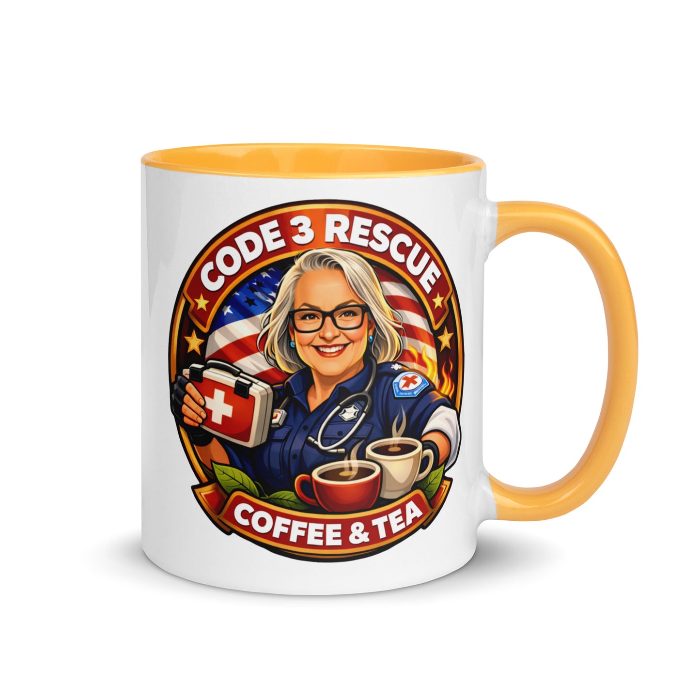 Code 3 Rescue Coffee and Tea mug with a white exterior and vibrant yellow interior, 11 oz ceramic coffee and tea cup.