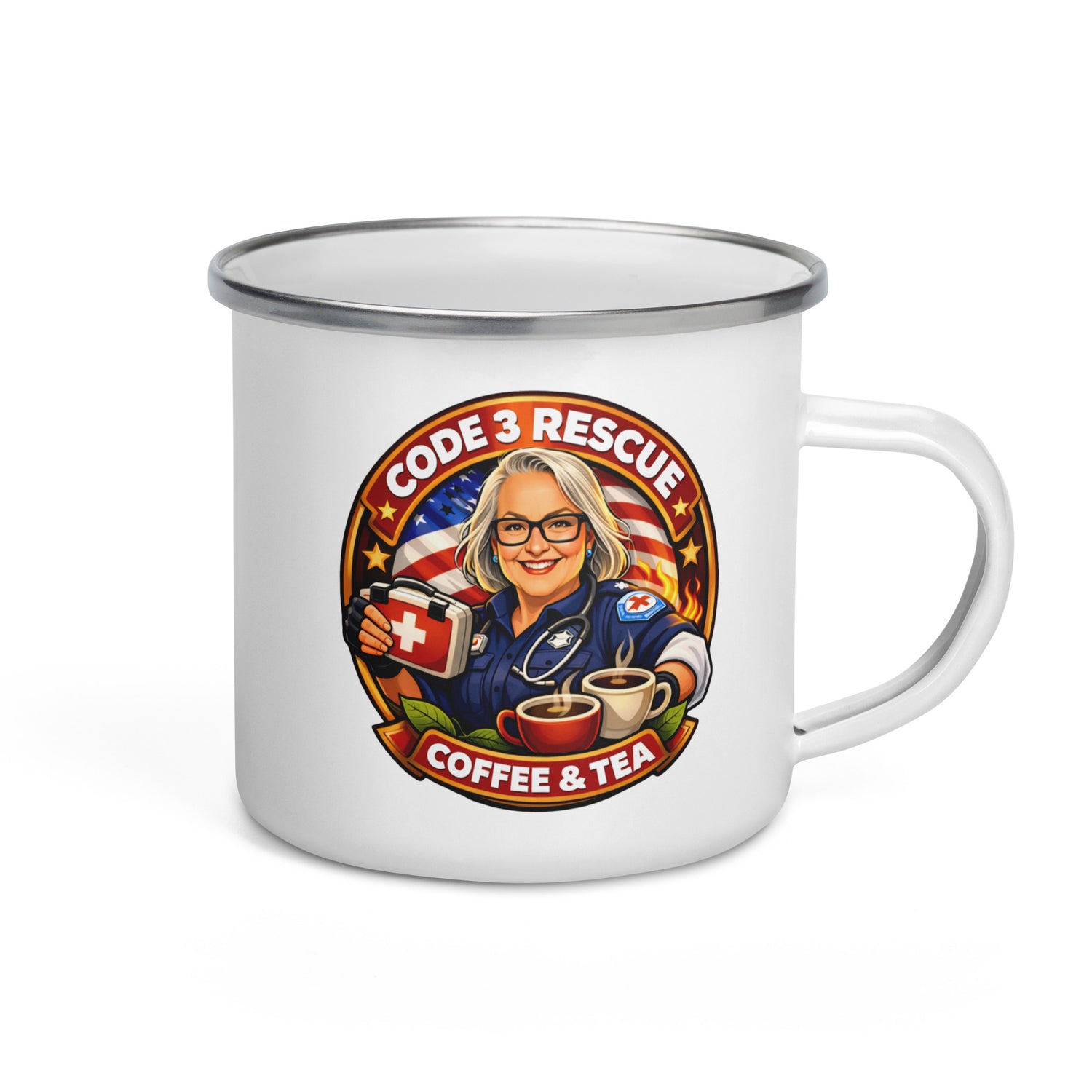 Enamel mug with "Code 3 Rescue Coffee and Tea" logo, featuring a classic silver finish and sturdy handle for hot beverages.