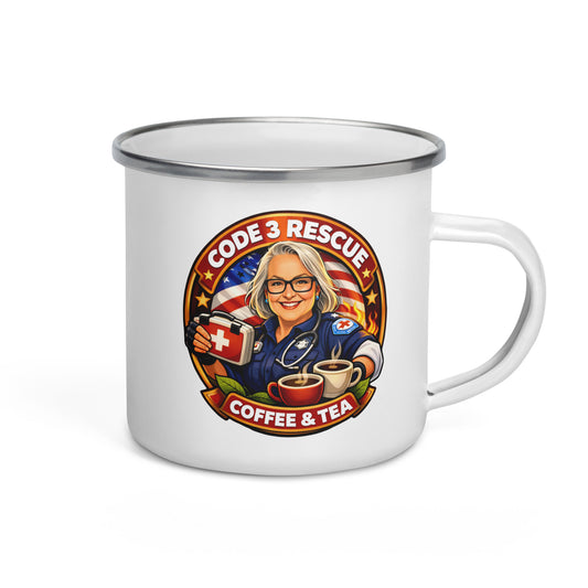 Enamel mug with "Code 3 Rescue Coffee and Tea" logo, featuring a classic silver finish and sturdy handle for hot beverages.