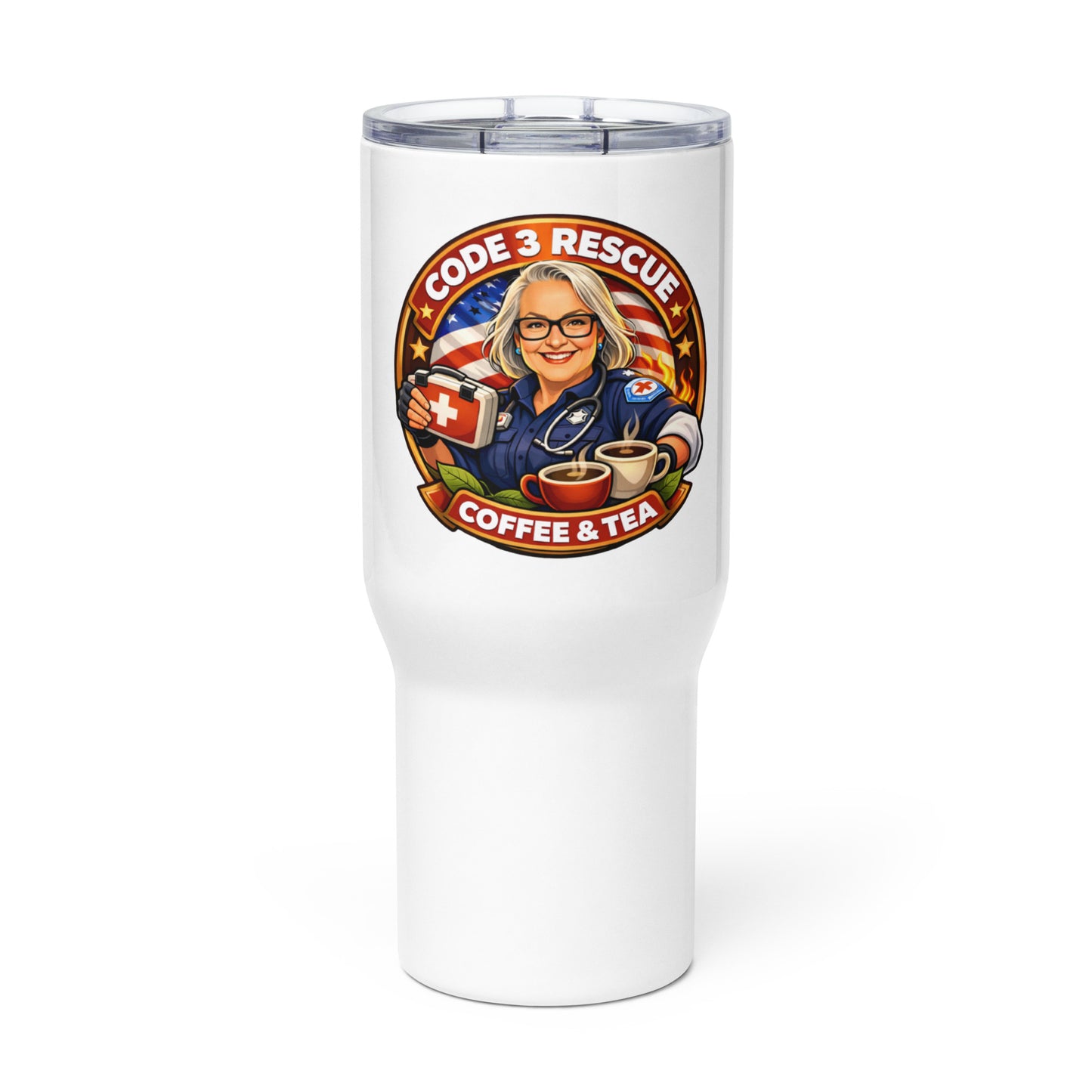 Code 3 Rescue Coffee and Tea travel mug with a handle, white ceramic mug designed for hot beverages during travel or daily use.