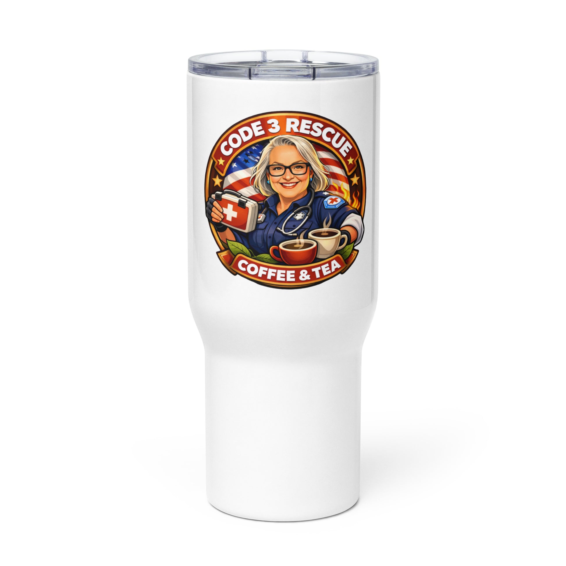Code 3 Rescue Coffee and Tea travel mug with a handle, white ceramic mug designed for hot beverages during travel or daily use.