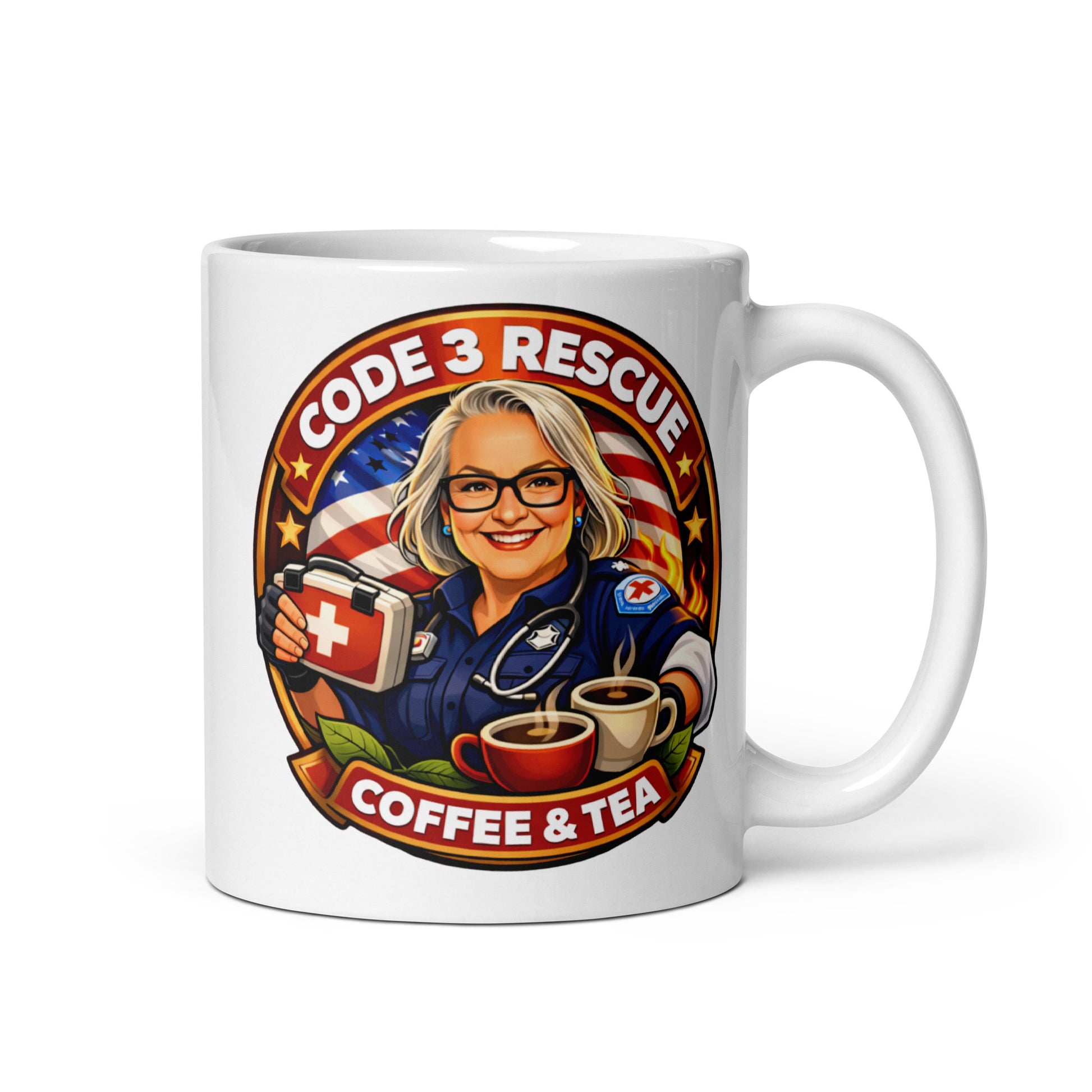 White glossy mug from Code 3 Rescue Coffee and Tea with a smooth finish and sturdy handle, ideal for coffee or tea.