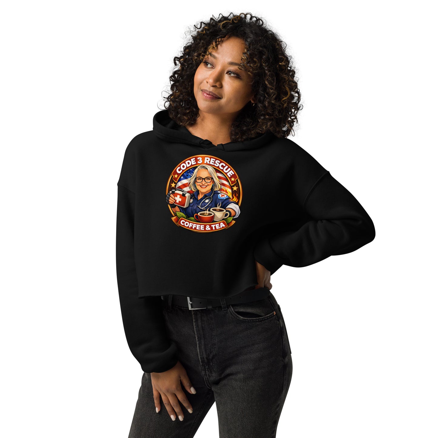 Code 3 Rescue Coffee and Tea crop hoodie T-shirt displayed from the front, showcasing its relaxed fit and casual style.