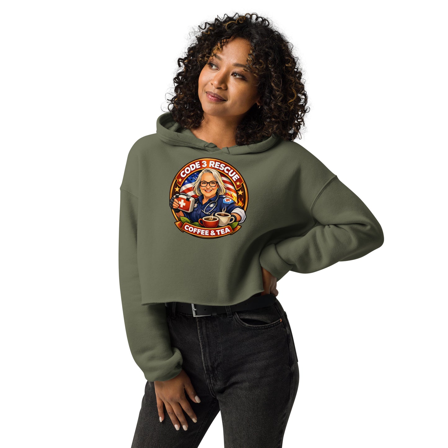 Code 3 Rescue Coffee and Tea women's crop hoodie T-shirt featuring a military green color, front view with hood and long sleeves.