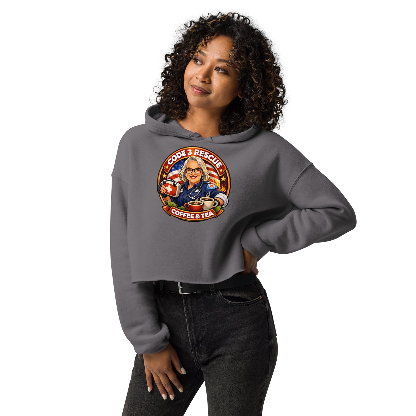 Code 3 Rescue Coffee and Tea cropped hoodie T-shirt featuring a stylish storm graphic on the front, perfect for casual wear.