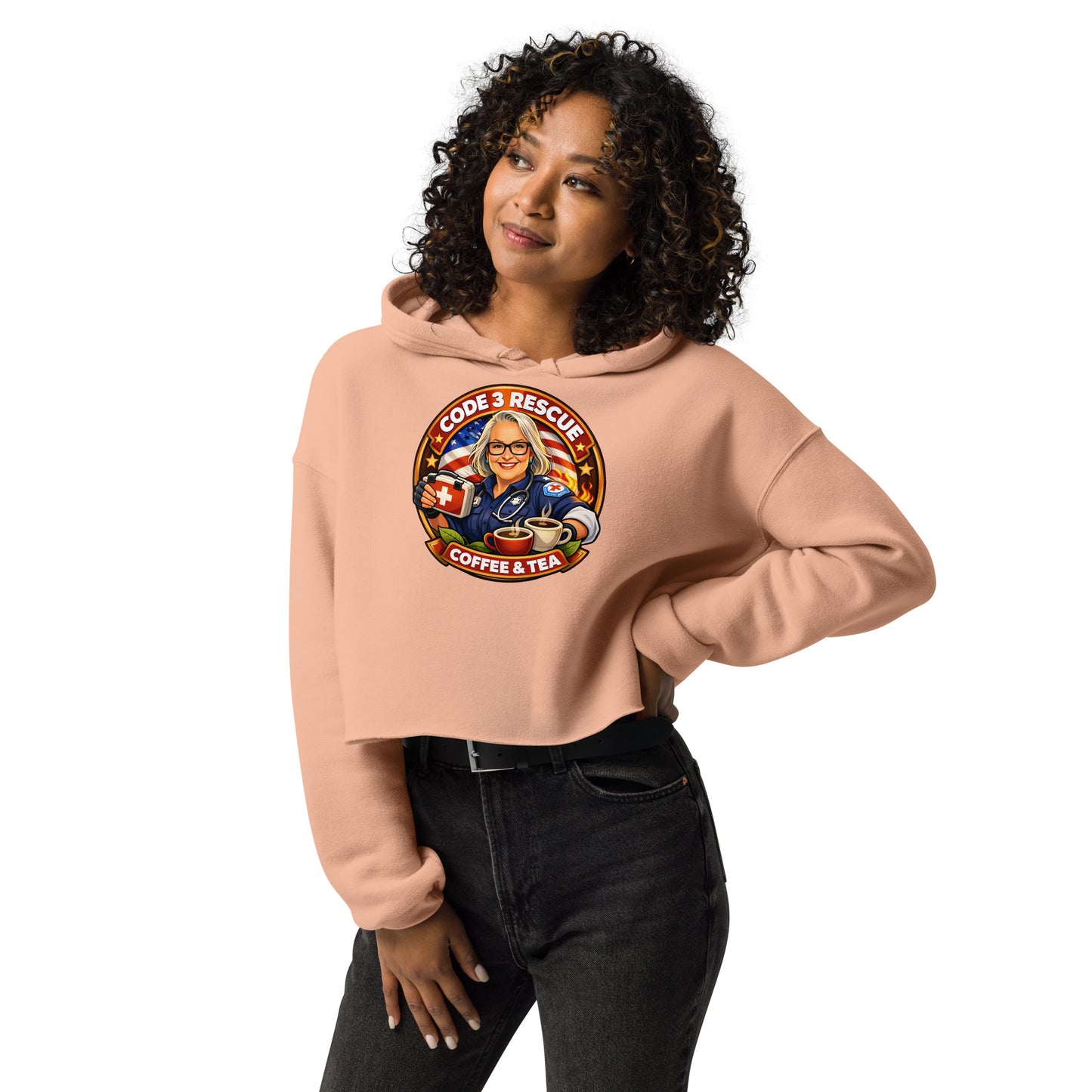 Code 3 Rescue Coffee and Tea crop hoodie T-shirt featuring a relaxed fit and soft fabric, front view highlighting casual style.
