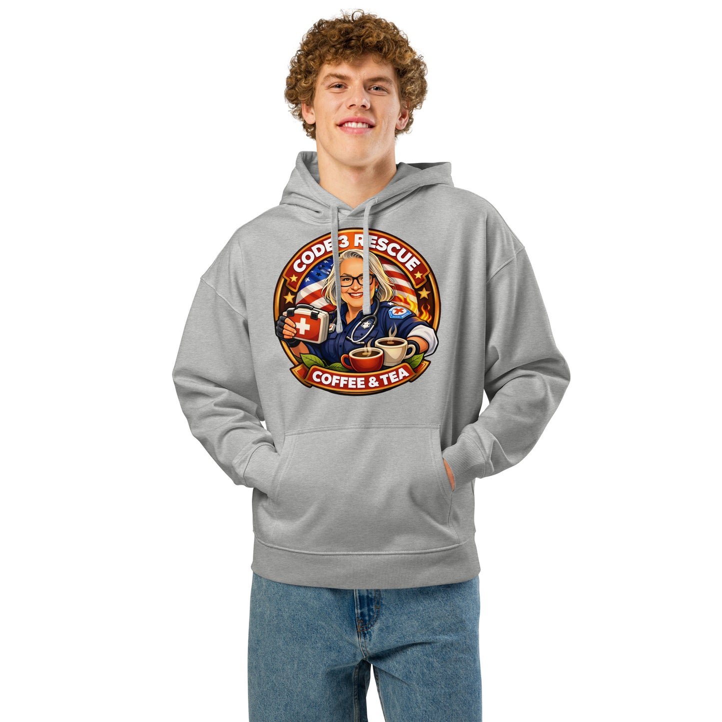 Unisex organic relaxed hoodie by Code 3 Rescue Coffee and Tea, showcasing soft fabric and comfortable fit from the front view.