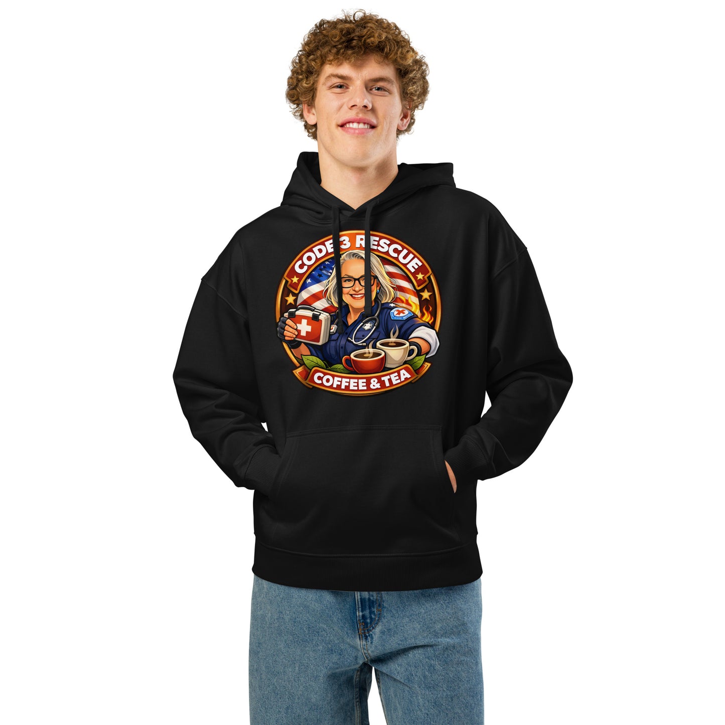Unisex organic relaxed hoodie by Code 3 Rescue Coffee and Tea, shown front view with soft, comfortable fabric and casual fit.