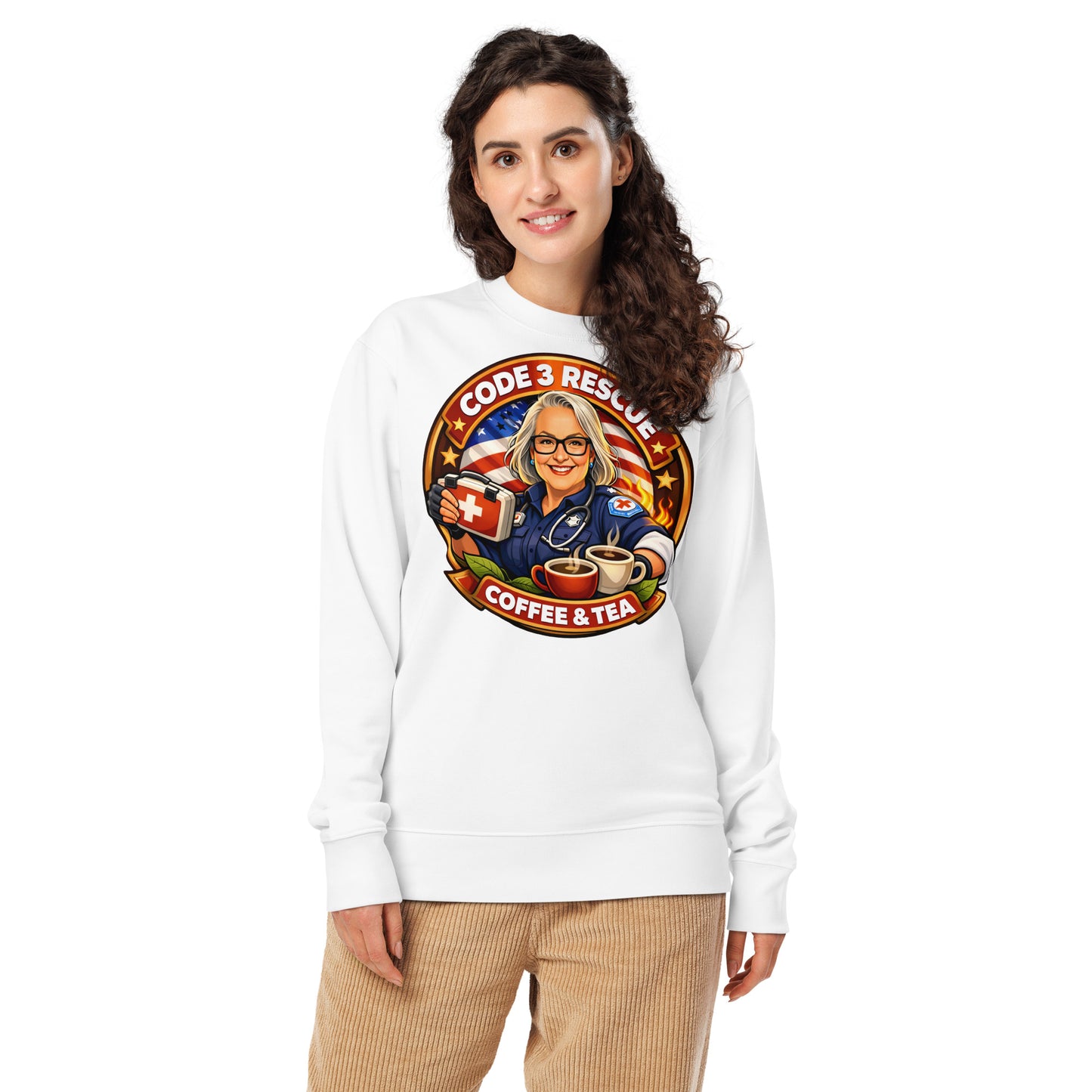 Black unisex organic sweatshirt with printed logo from Code 3 Rescue Coffee and Tea, casual and comfortable apparel.