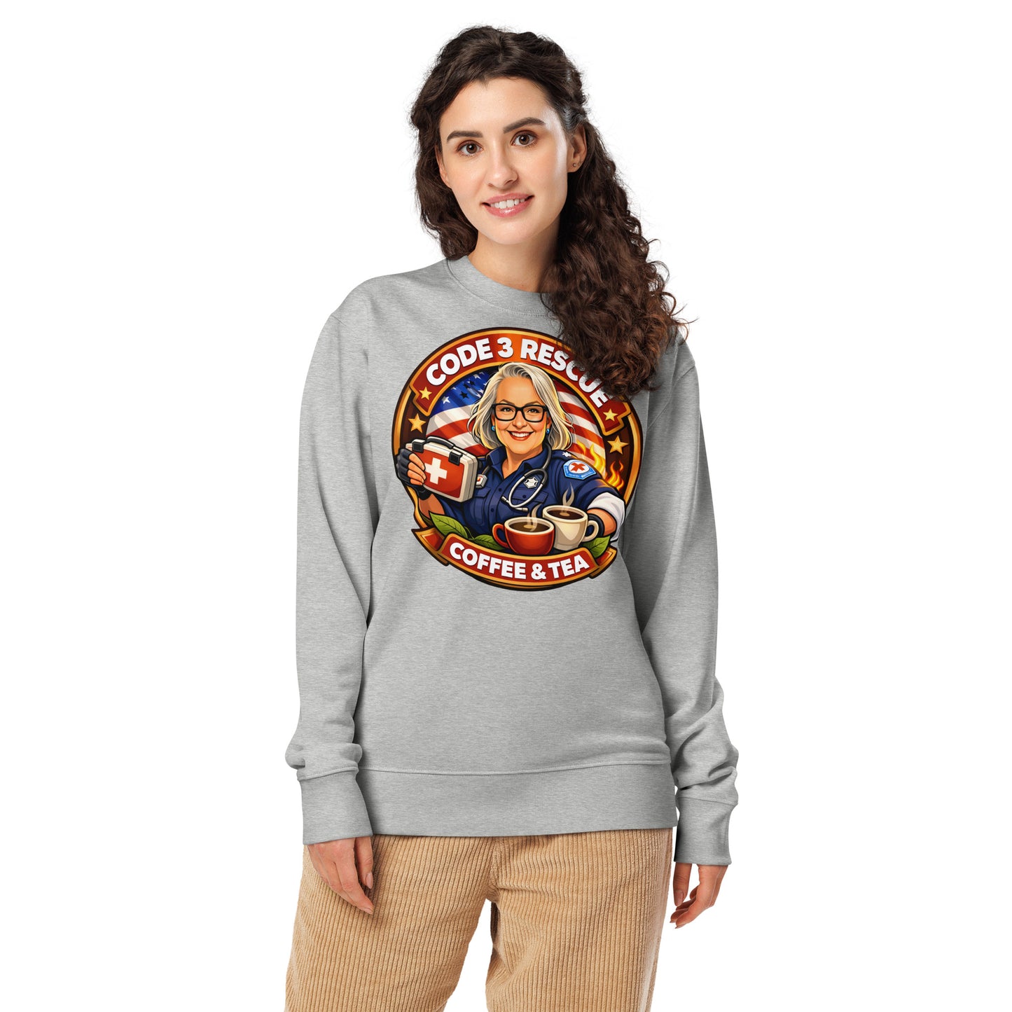 Black unisex organic sweatshirt from Code 3 Rescue Coffee and Tea featuring a comfortable T-shirt style design.