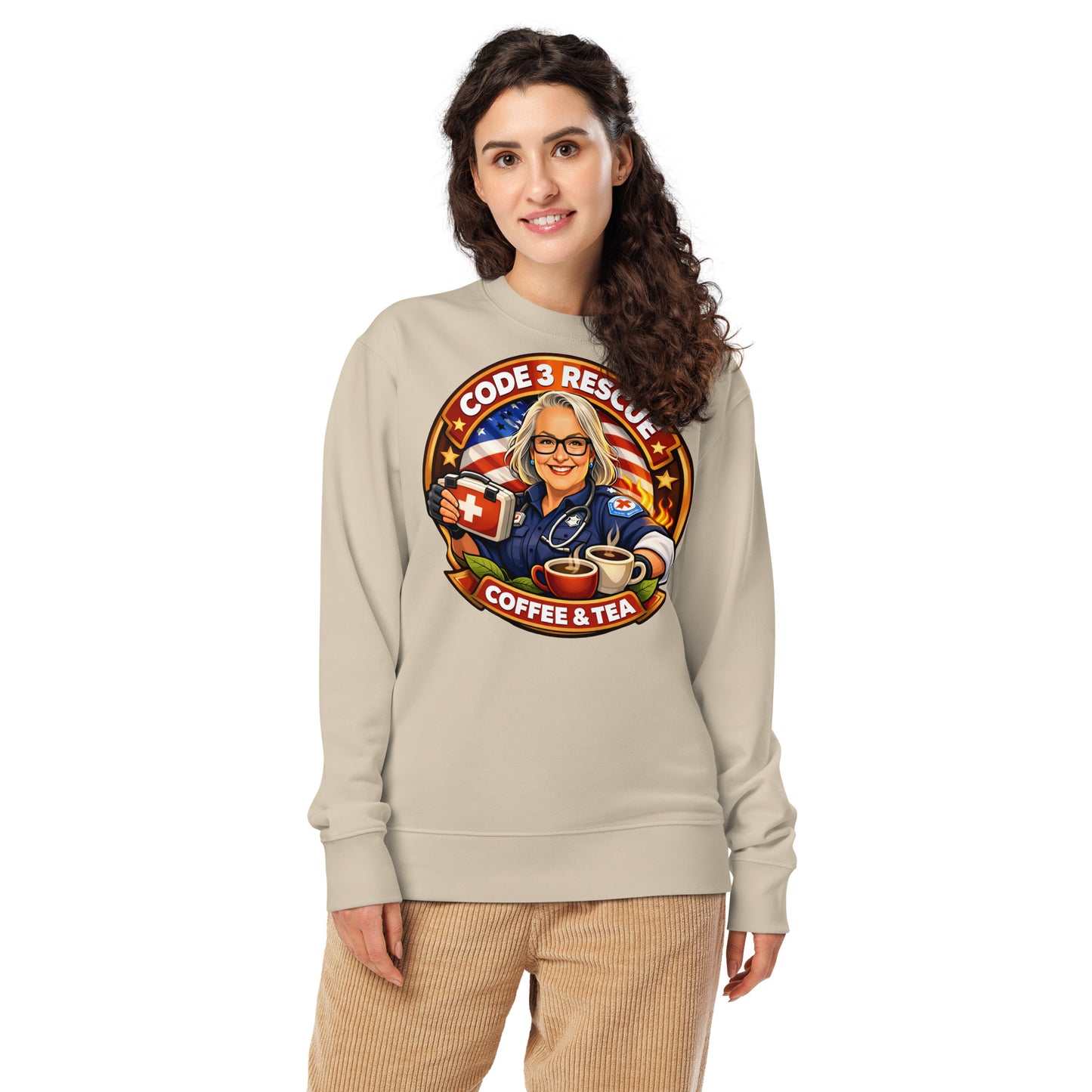 Unisex black organic sweatshirt with printed logo, casual style, by Code 3 Rescue Coffee and Tea.