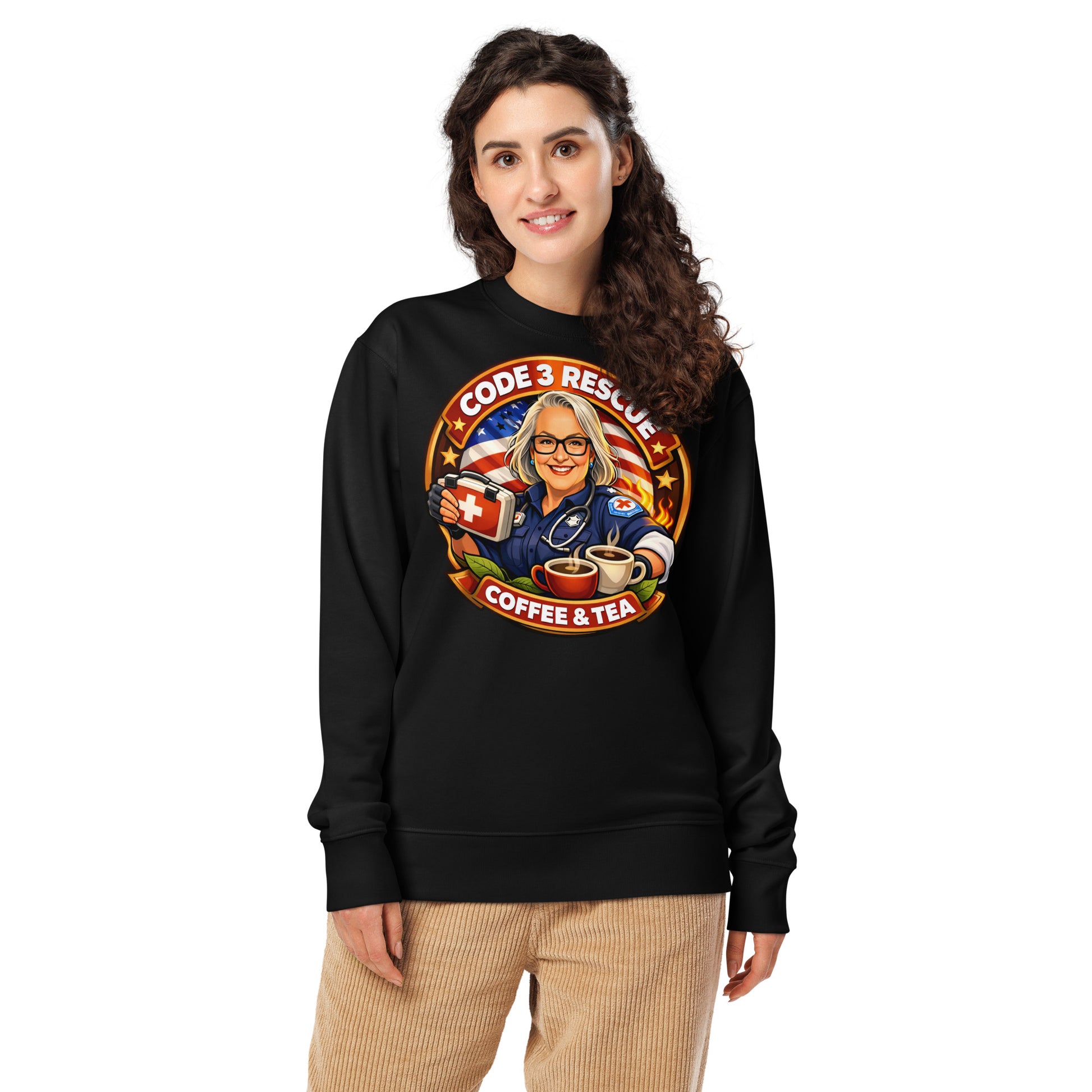 Black unisex organic sweatshirt from Code 3 Rescue Coffee and Tea, featuring a casual T-shirt style and comfortable fit.
