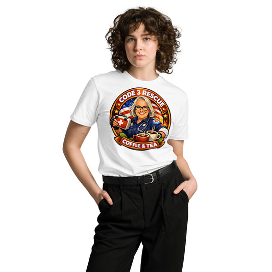 Black unisex premium T-shirt from Code 3 Rescue Coffee and Tea, featuring a comfortable fit and casual style.