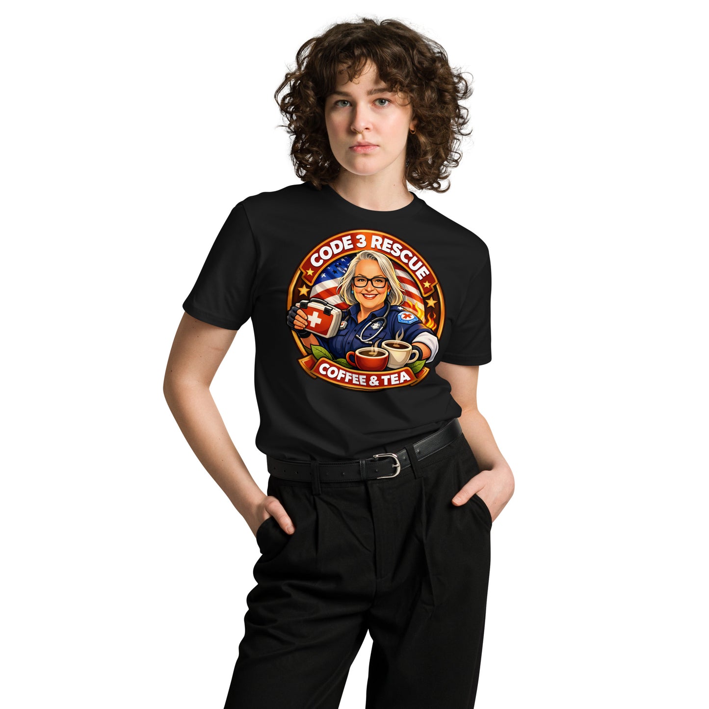 Black unisex premium T-shirt from Code 3 Rescue Coffee and Tea, featuring a comfortable fit and classic design.