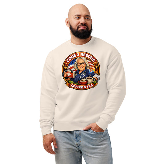 Unisex Relax Crew Neck Sweatshirt by Code 3 Rescue Coffee and Tea, beige color, front view, showcasing a comfortable casual fit.