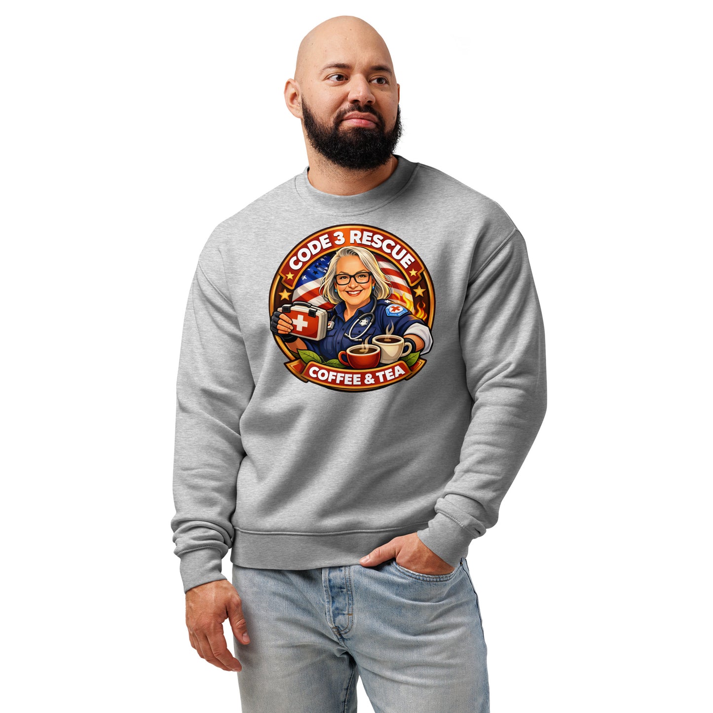 Unisex Relax Crew Neck Sweatshirt by Code 3 Rescue Coffee and Tea, front view showing athletic heather fabric and casual fit.