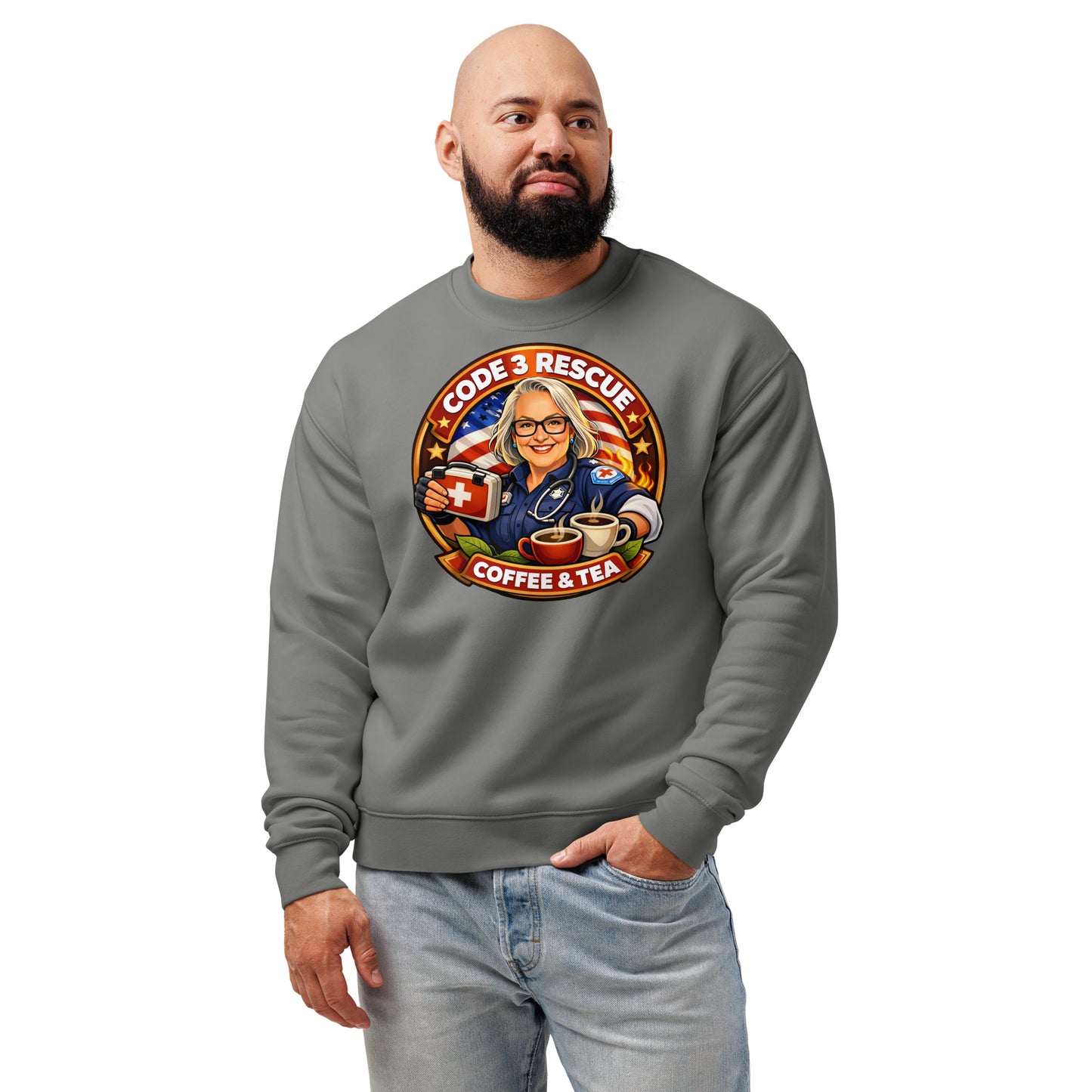 Unisex Relax Crew Neck Sweatshirt by Code 3 Rescue Coffee and Tea, displayed from the front showing soft fabric and comfortable fit.