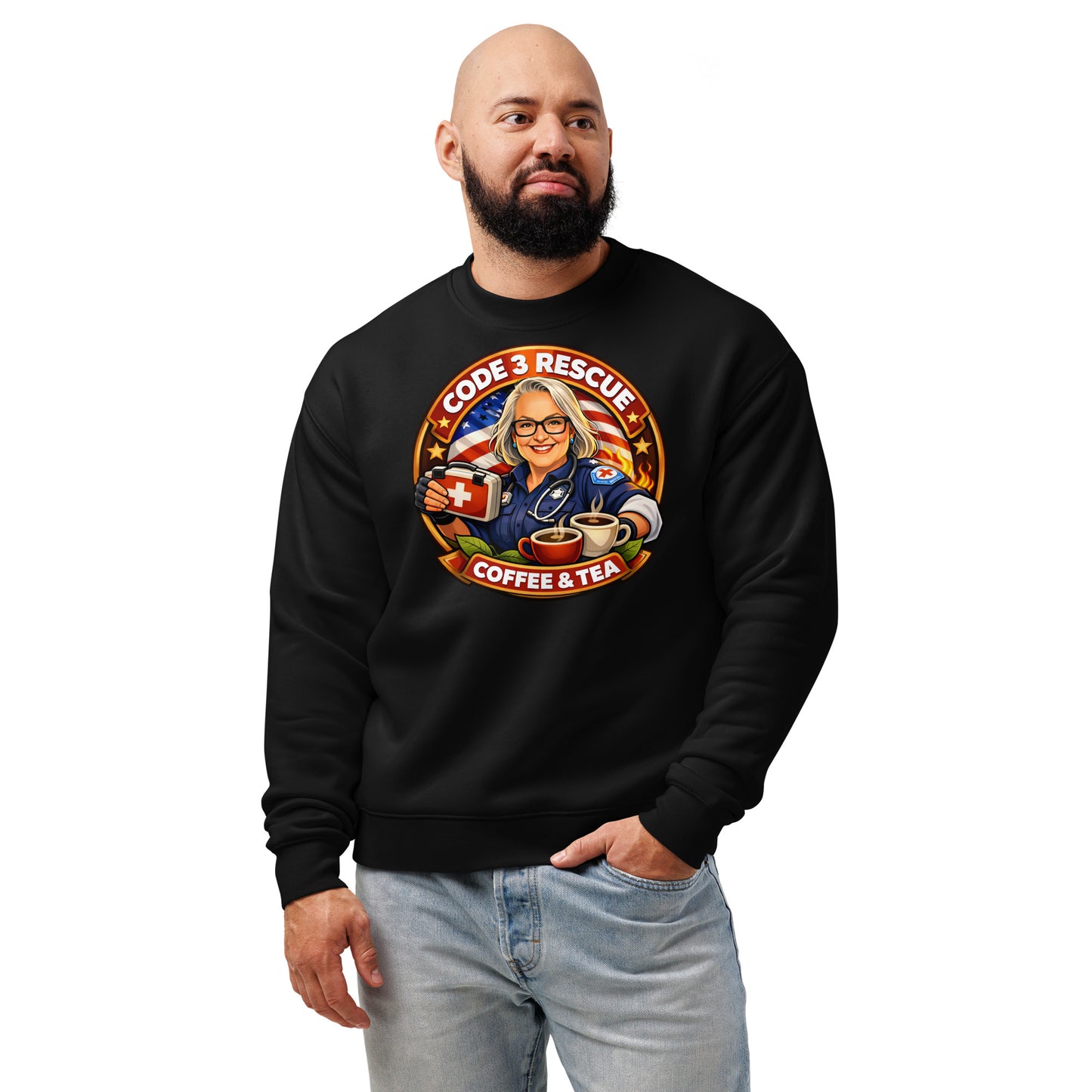 Unisex Relax Crew Neck Sweatshirt by Code 3 Rescue Coffee and Tea, front view showing soft fabric and relaxed fit.