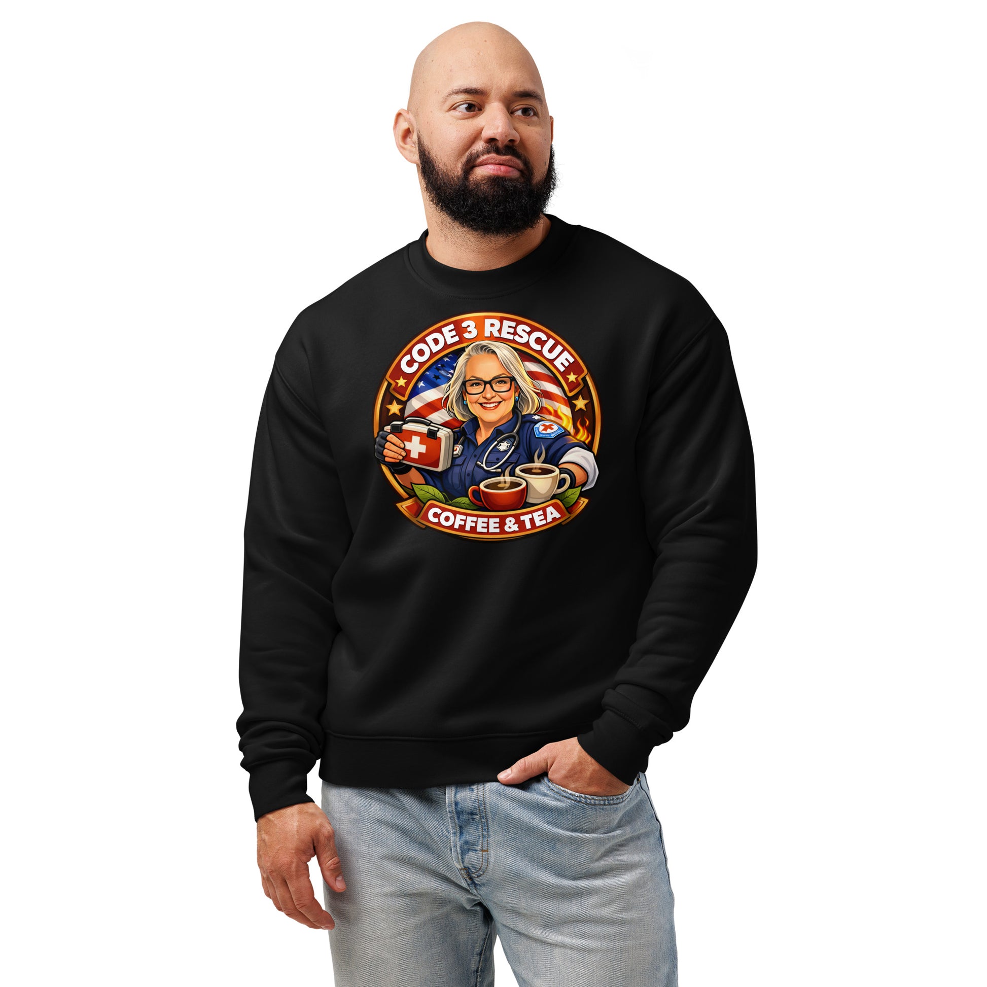Unisex Relax Crew Neck Sweatshirt by Code 3 Rescue Coffee and Tea, front view showing soft fabric and relaxed fit.