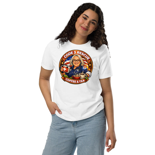 Black unisex Staple Eco T-shirt by Code 3 Rescue Coffee and Tea, showing front view with classic fit and eco-friendly fabric.