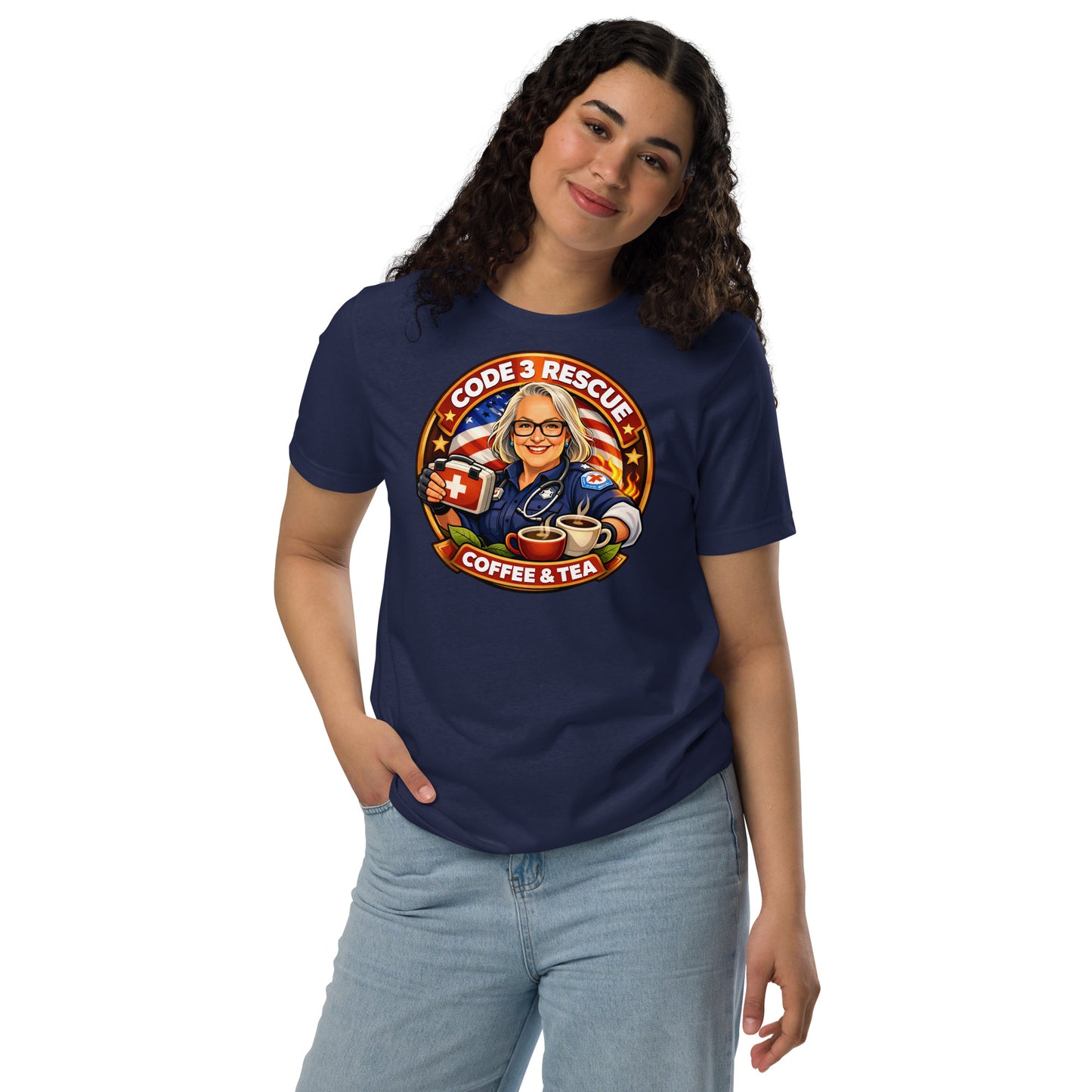 Black unisex Staple Eco T-shirt by Code 3 Rescue Coffee and Tea, featuring a simple, comfortable design for everyday wear.