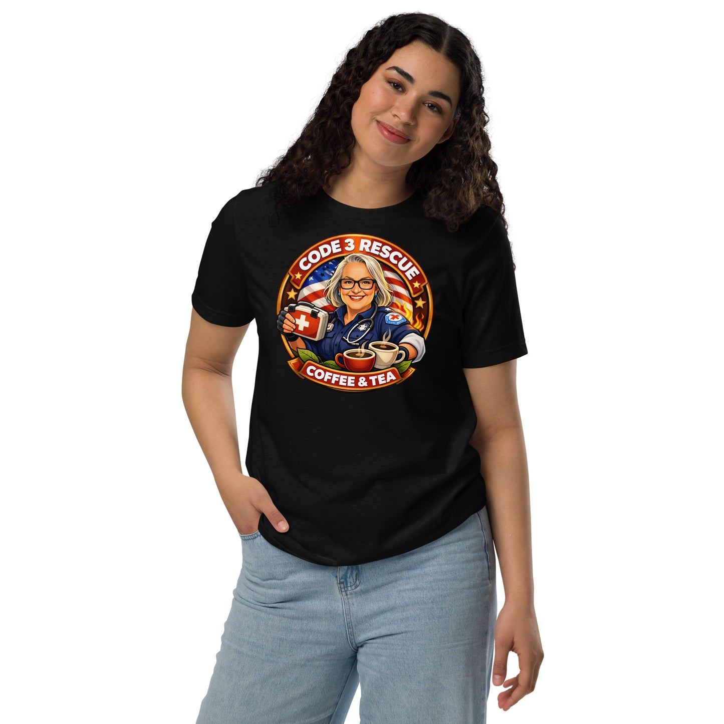 Black unisex Staple Eco T-shirt by Code 3 Rescue Coffee and Tea, showing front view of the casual, eco-friendly T-shirt.