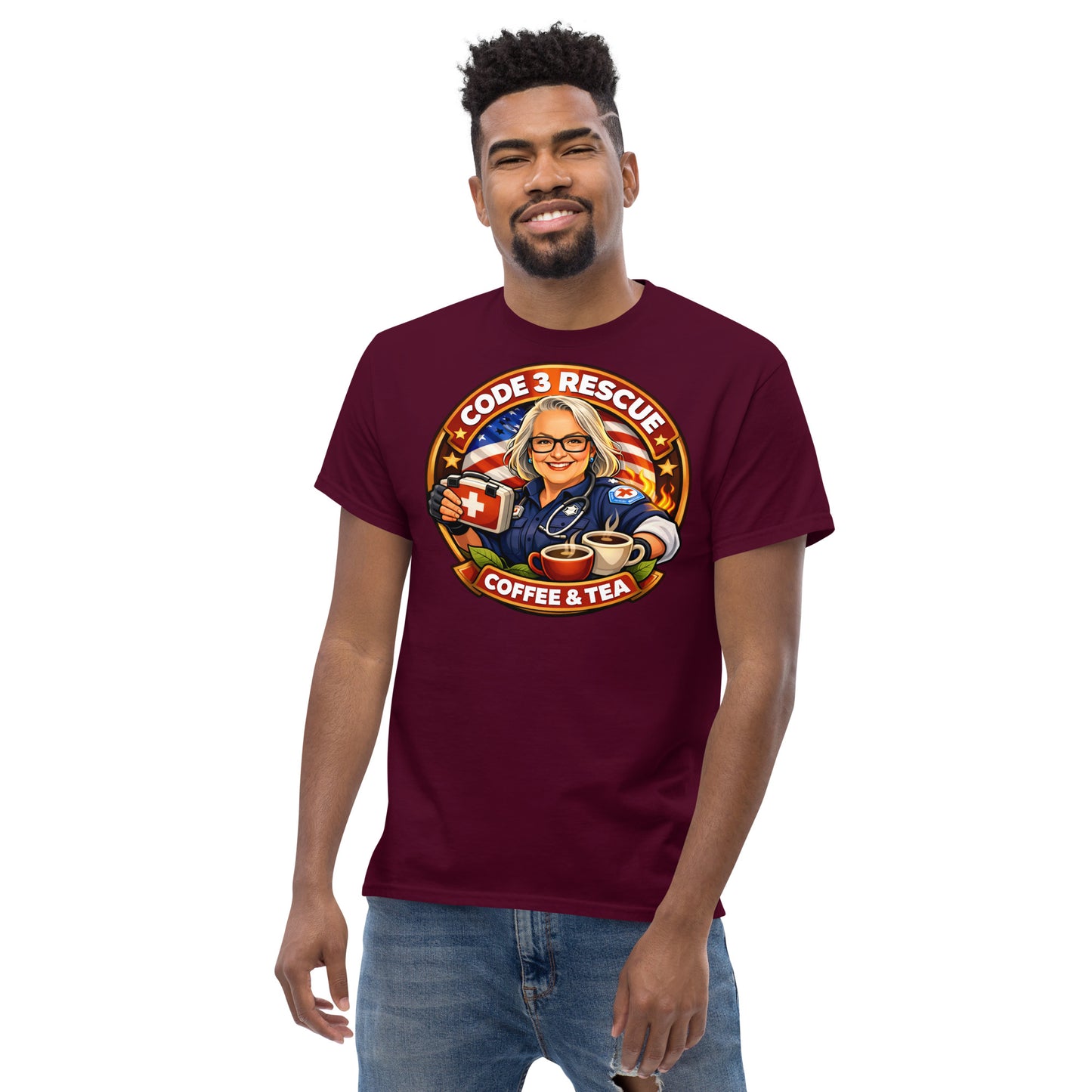 Unisex classic T-shirt from Code 3 Rescue Coffee and Tea, displayed flat with a simple design and comfortable fit.