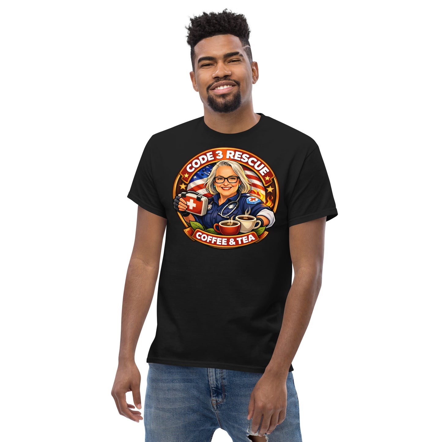 Unisex classic T-shirt from Code 3 Rescue Coffee and Tea, featuring a simple, comfortable fit and clean front design.