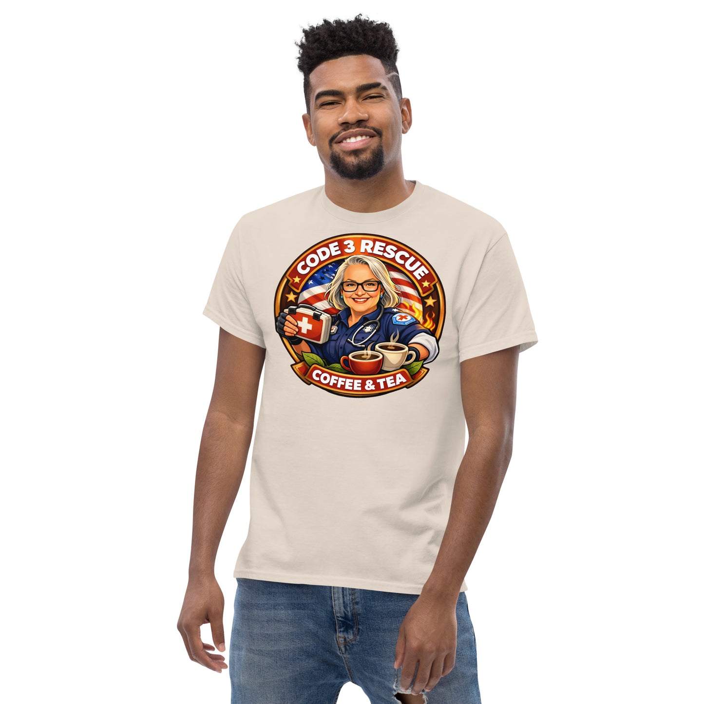 Unisex Classic T-shirt by Code 3 Rescue Coffee and Tea in natural color, front view, casual fit for men and women.