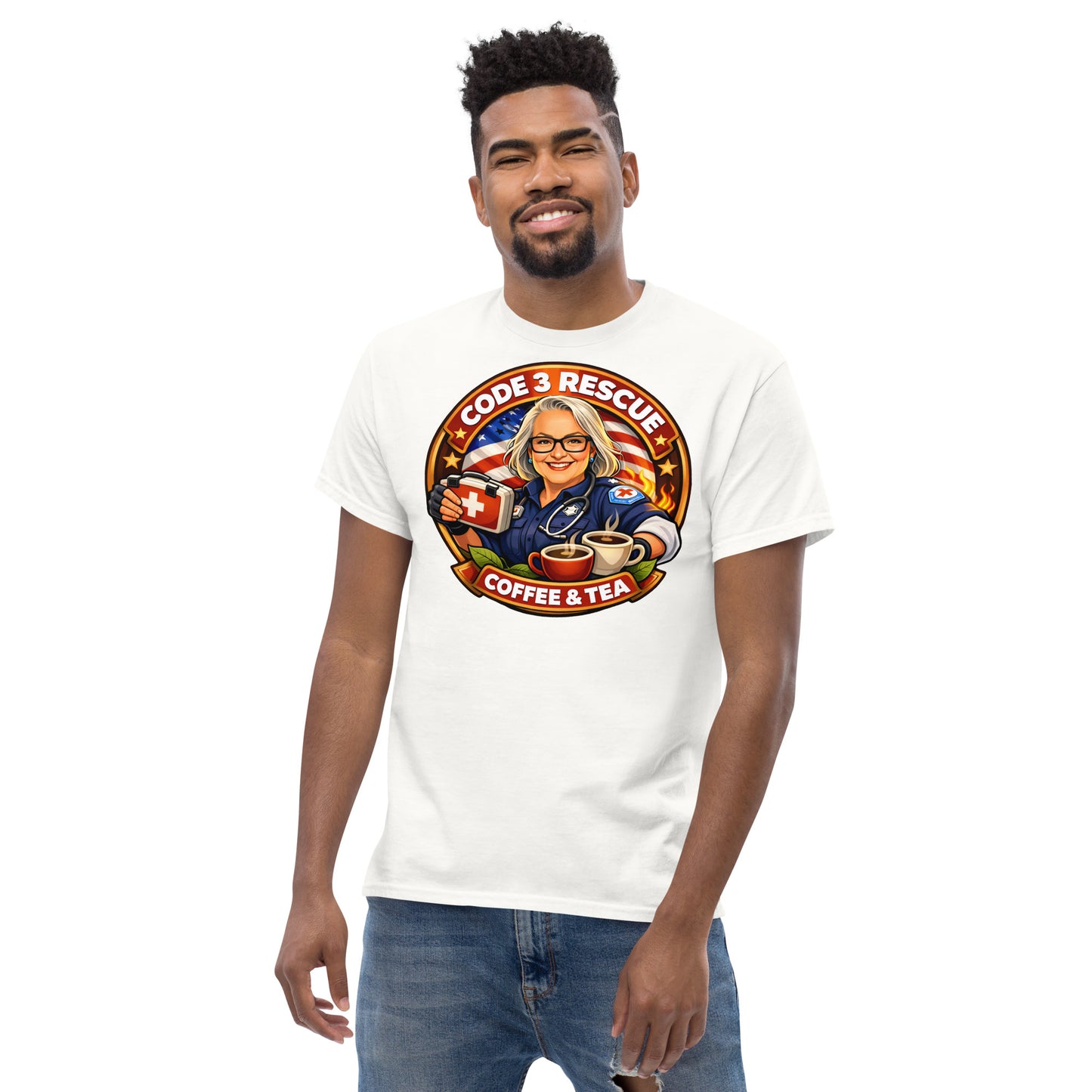 Unisex classic T-shirt by Code 3 Rescue Coffee and Tea, front view highlighting the simple, comfortable design and clean white fabric.