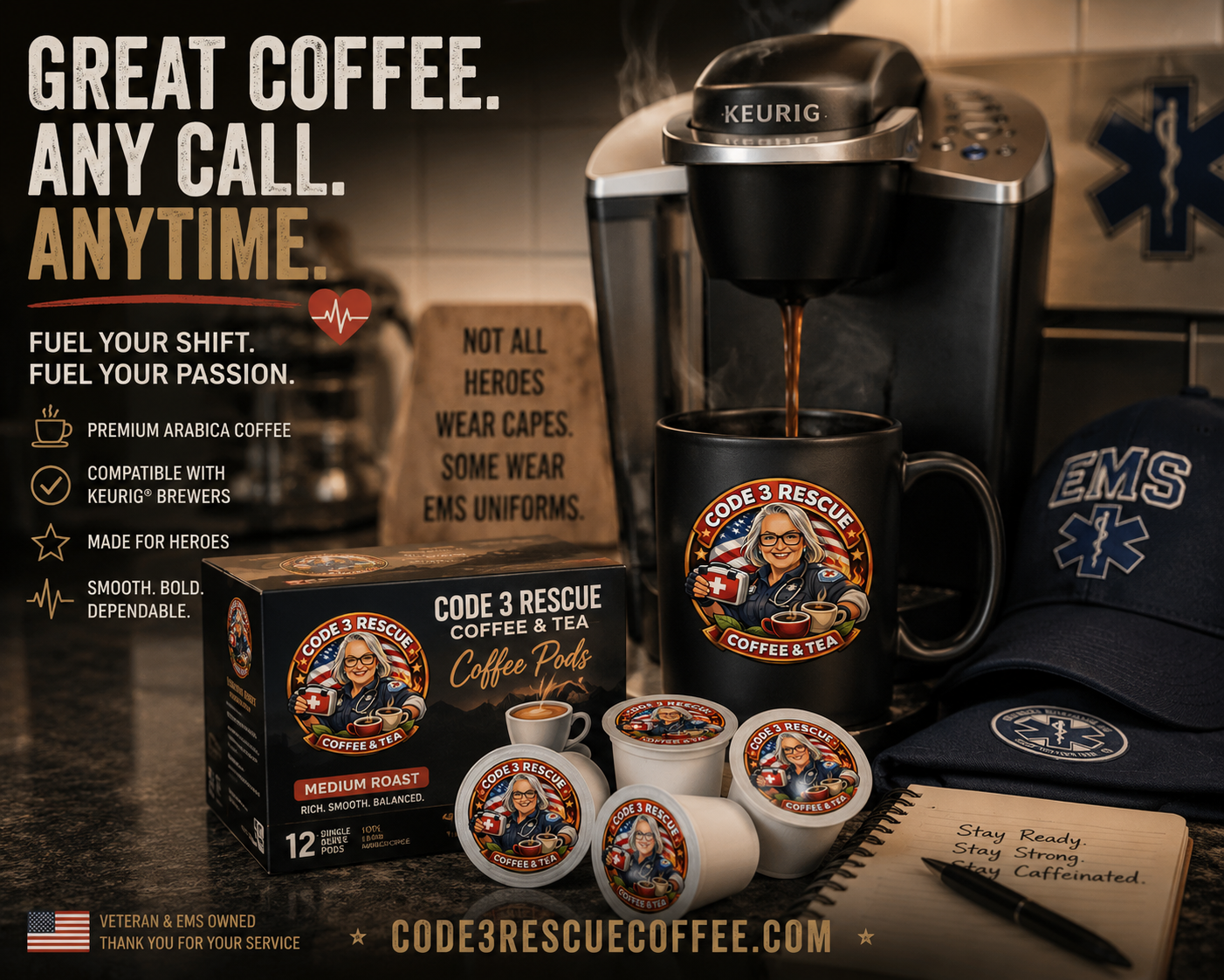 Bali Coffee Pods by Code 3 Rescue Coffee and Tea, Featuring individual coffee capsules with branded packaging for fresh brewing. 
