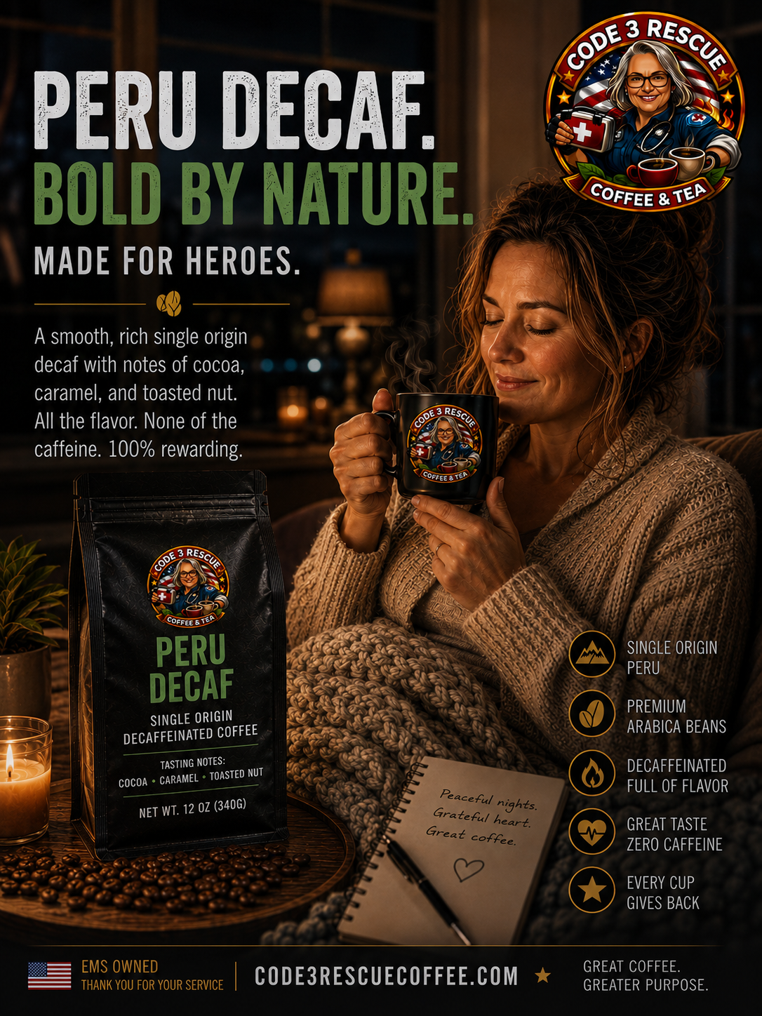 Code 3 Rescue Coffee Peru Decaf bag featuring a label with image of decaffeinated coffee beans and brand logo.
