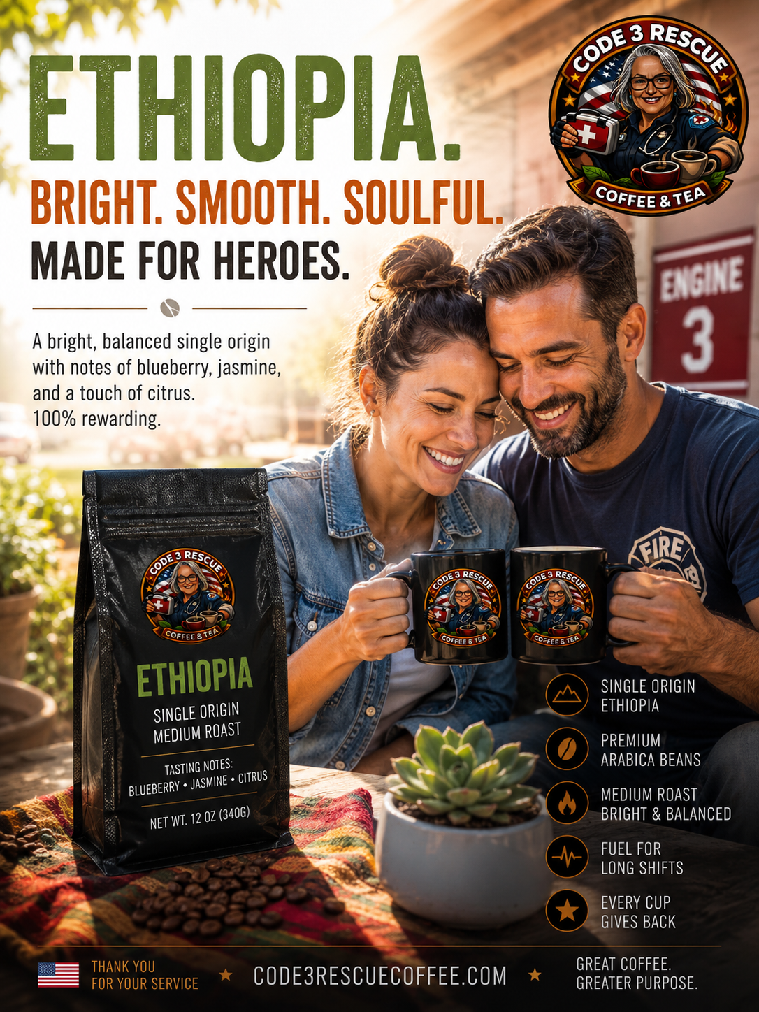 Ethiopia Natural coffee beans from Code 3 Rescue Coffee and Tea displayed in a burlap sack, showcasing raw, whole beans with a rich aroma.