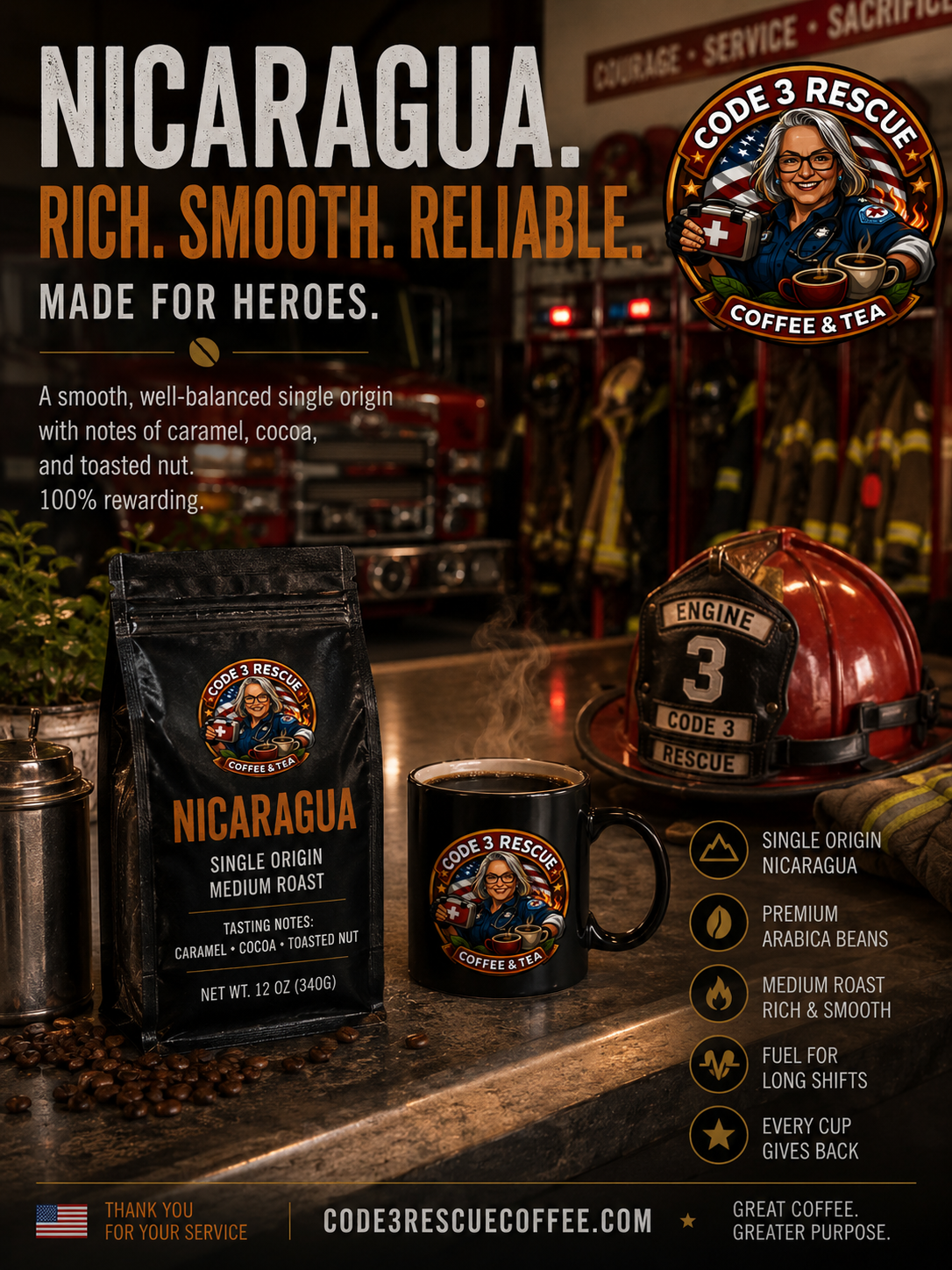 Code 3 Rescue Coffee Nicaragua package featuring a vibrant, Nicaragua-inspired label highlighting the coffee or tea product.