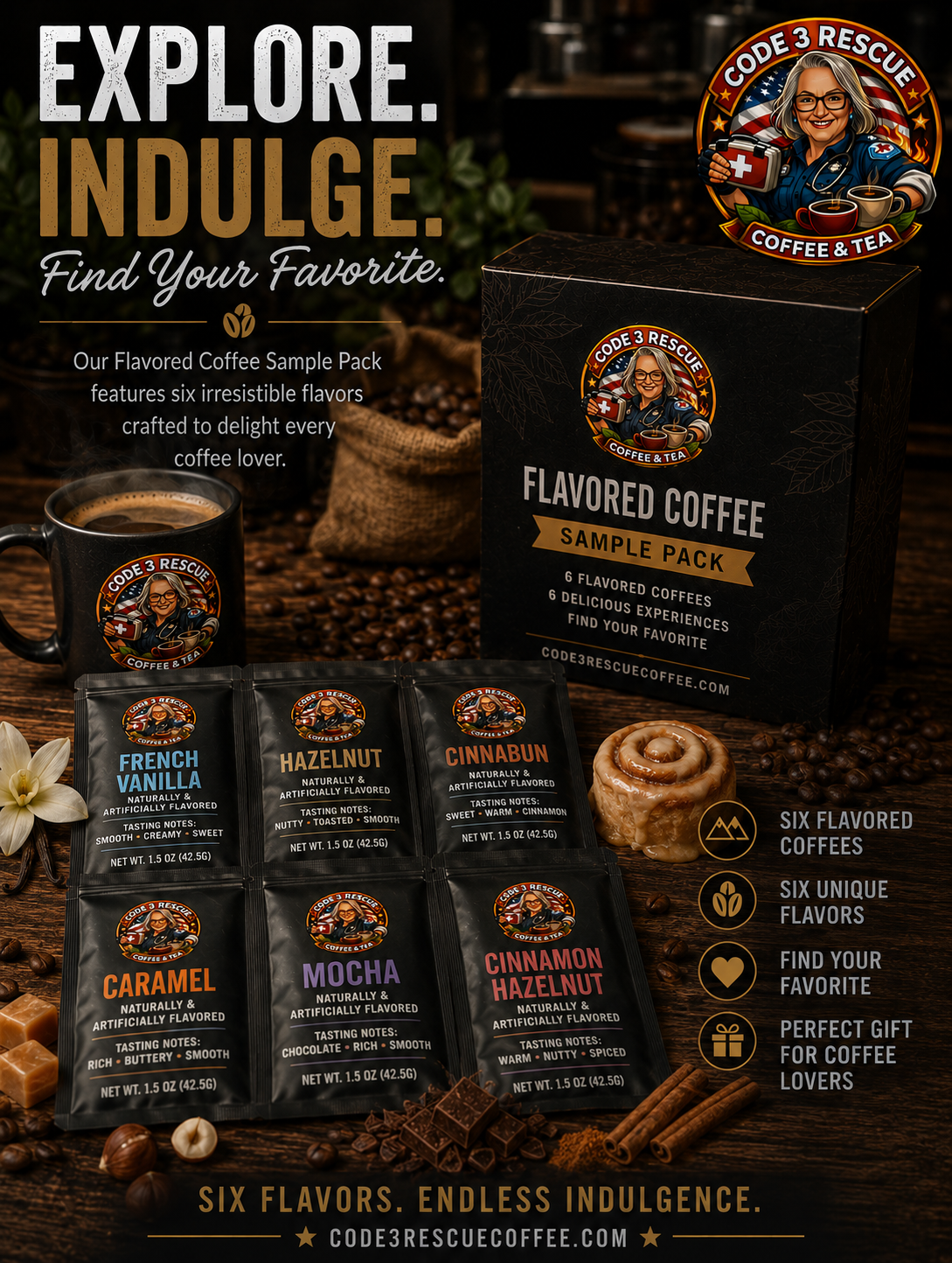 Assorted flavored coffee samples from Code 3 Rescue Coffee and Tea, featuring a selection of aromatic coffee blends in various flavors.